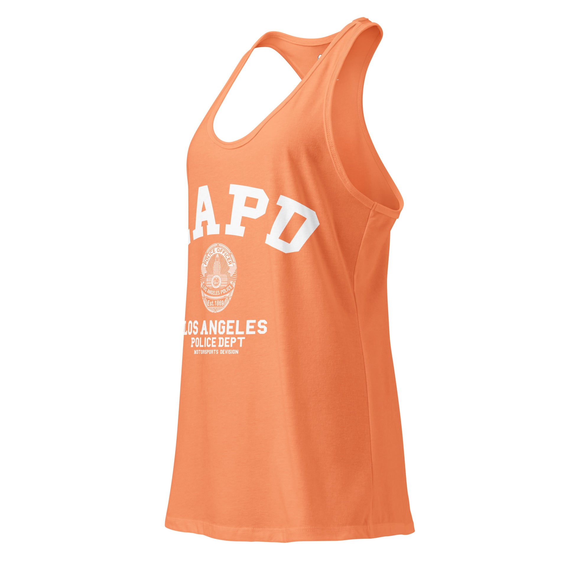 Orange tank top with 'APD' and 'Los Angeles Police Dept' text on a white background