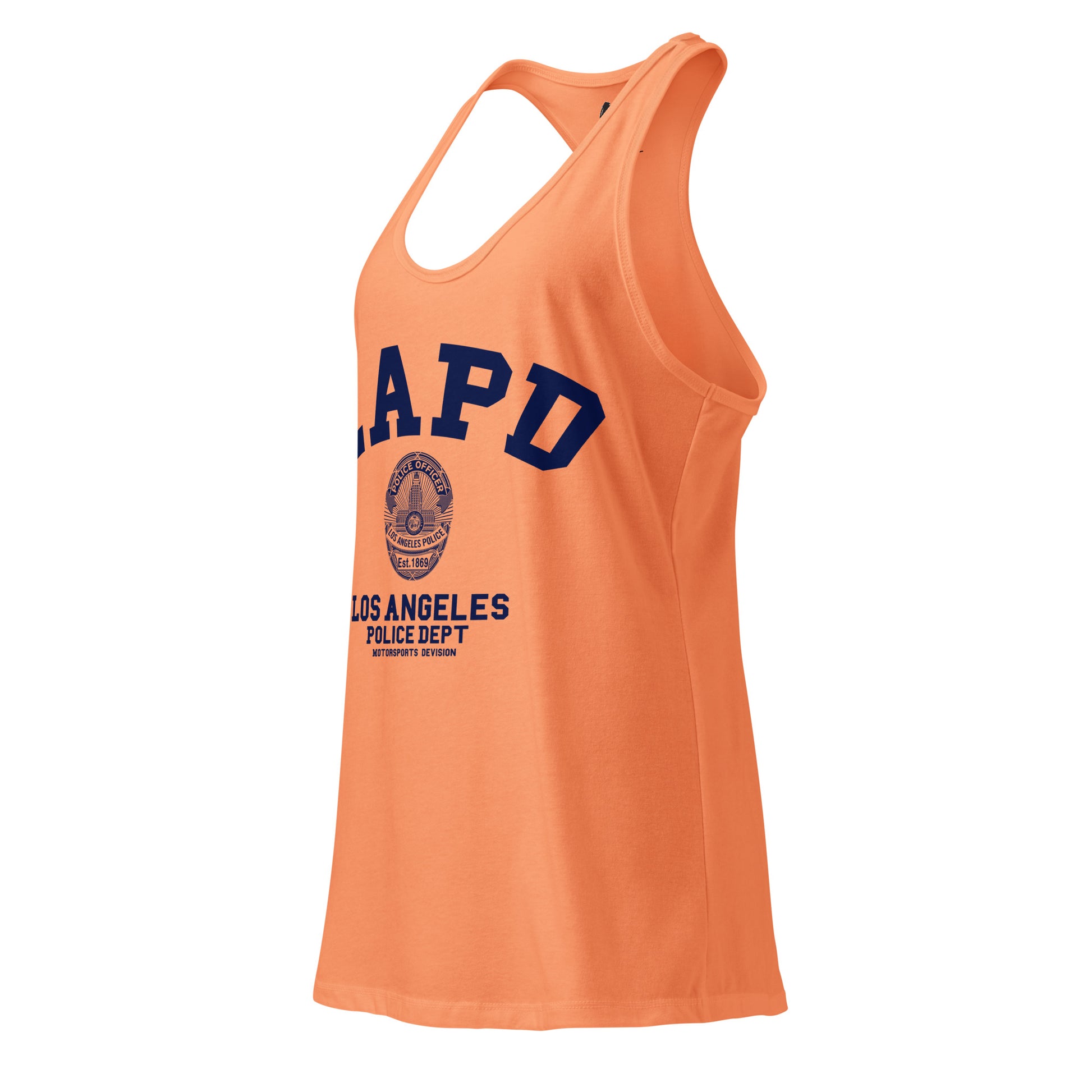 Orange tank top with LAPD Los Angeles Police Dept text on a white background