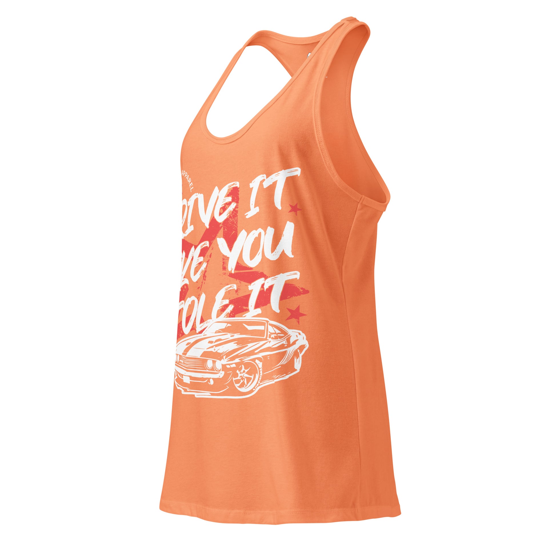 Orange tank top with graphic design and text on a white background
