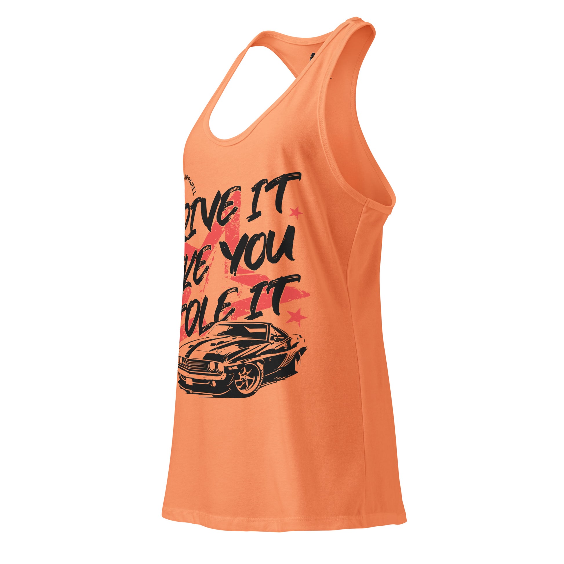 Orange tank top with graphic design and text on a white background