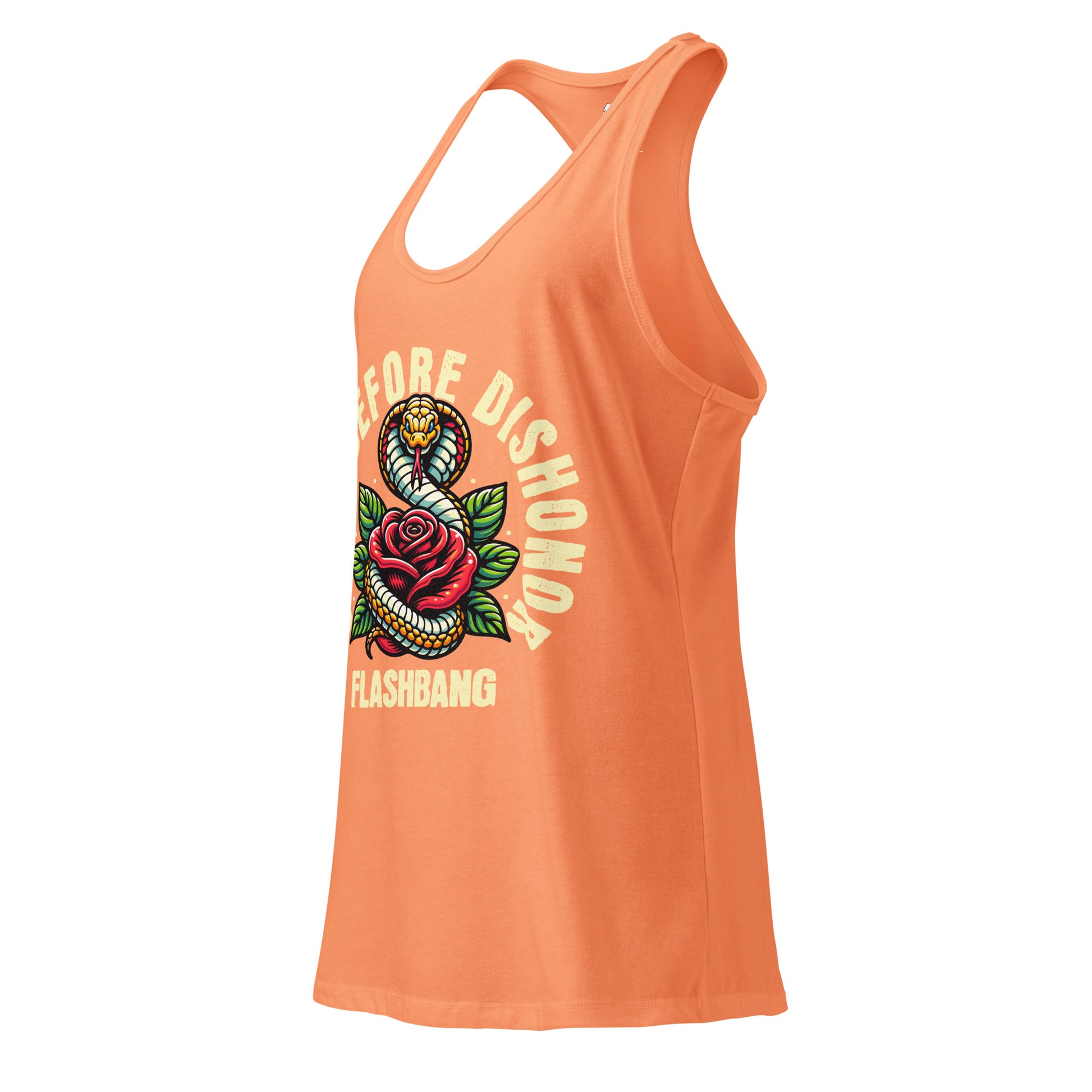 Orange tank top with snake and rose design on a white background