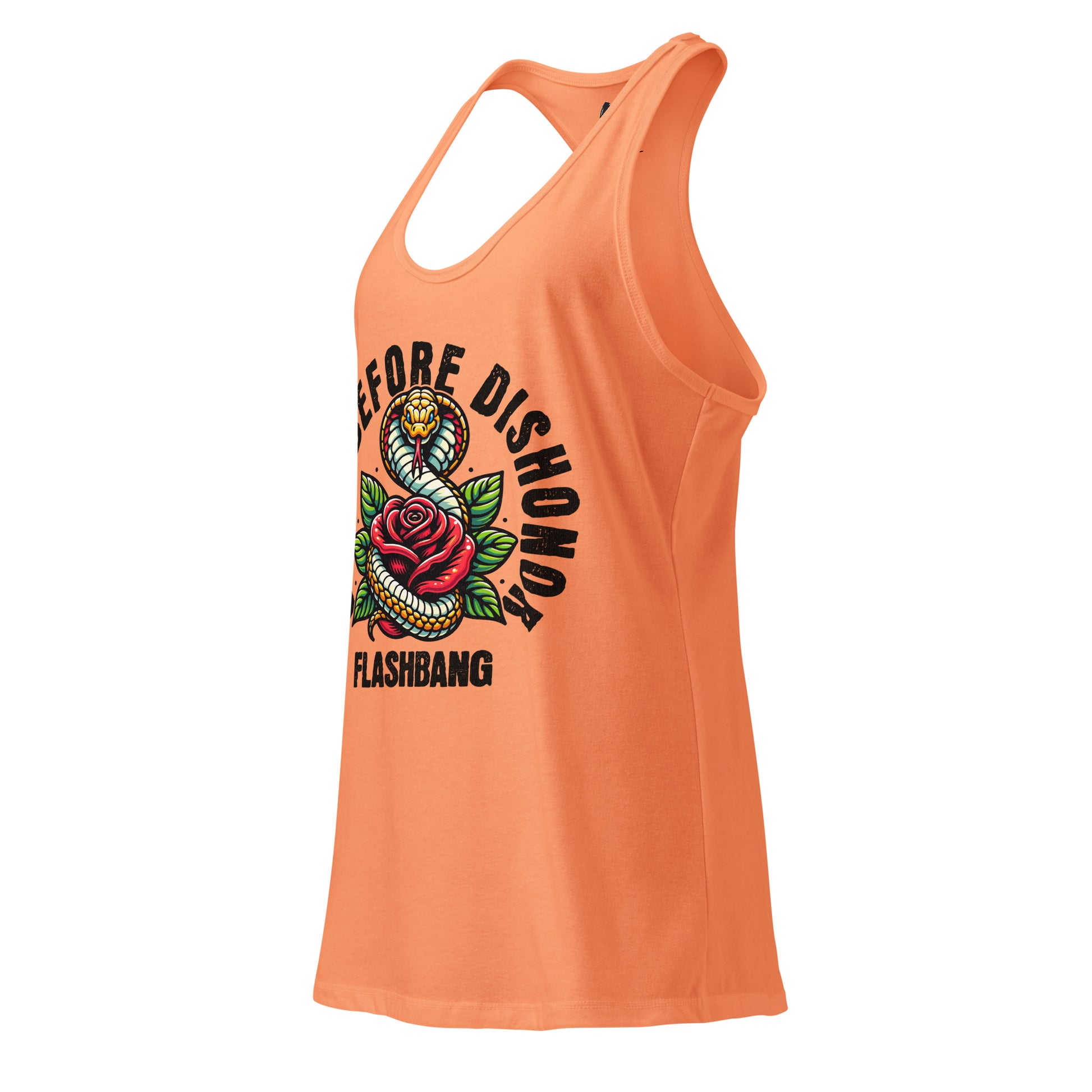 Orange tank top with graphic design and text on a white background