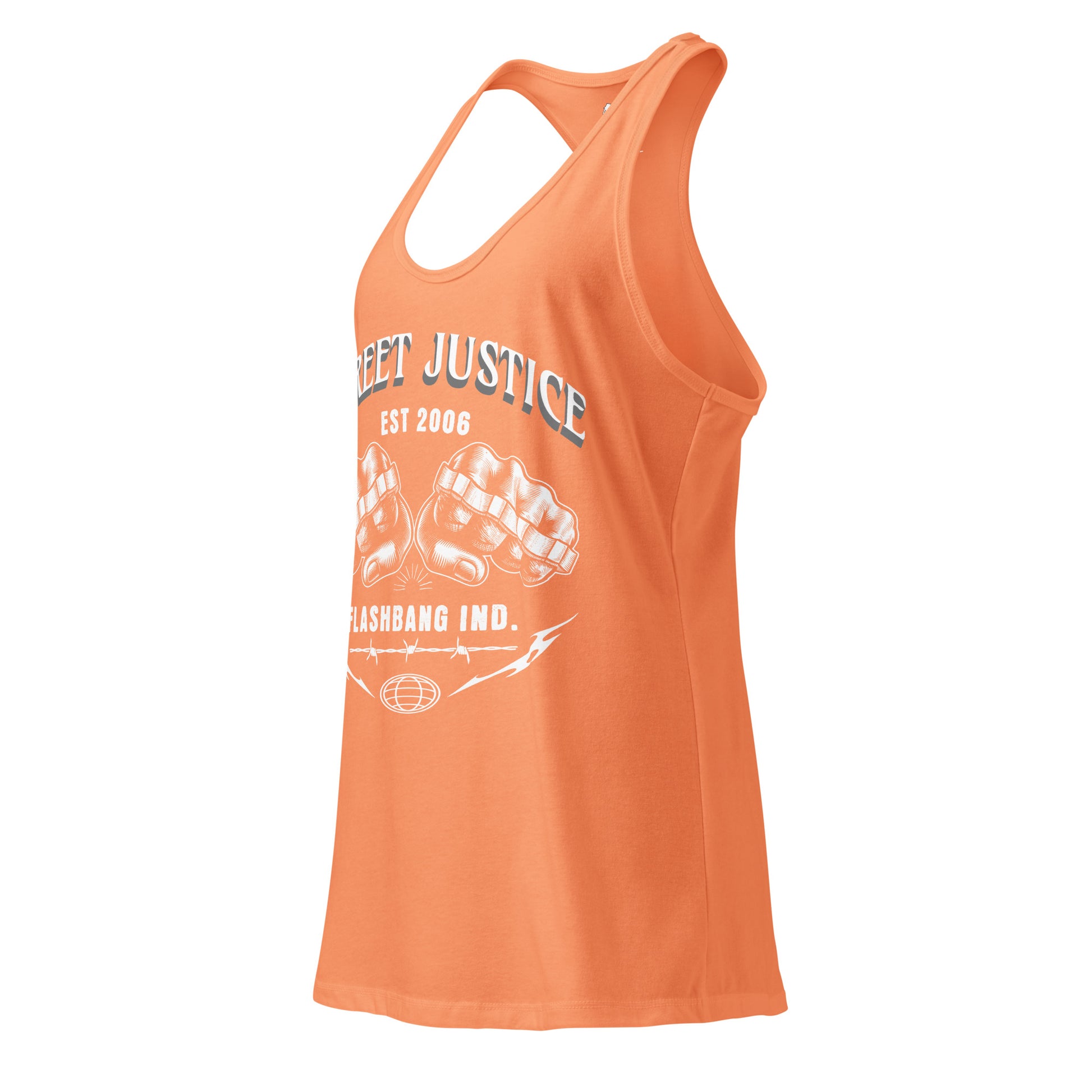 Orange tank top with graphic design and text on a white background