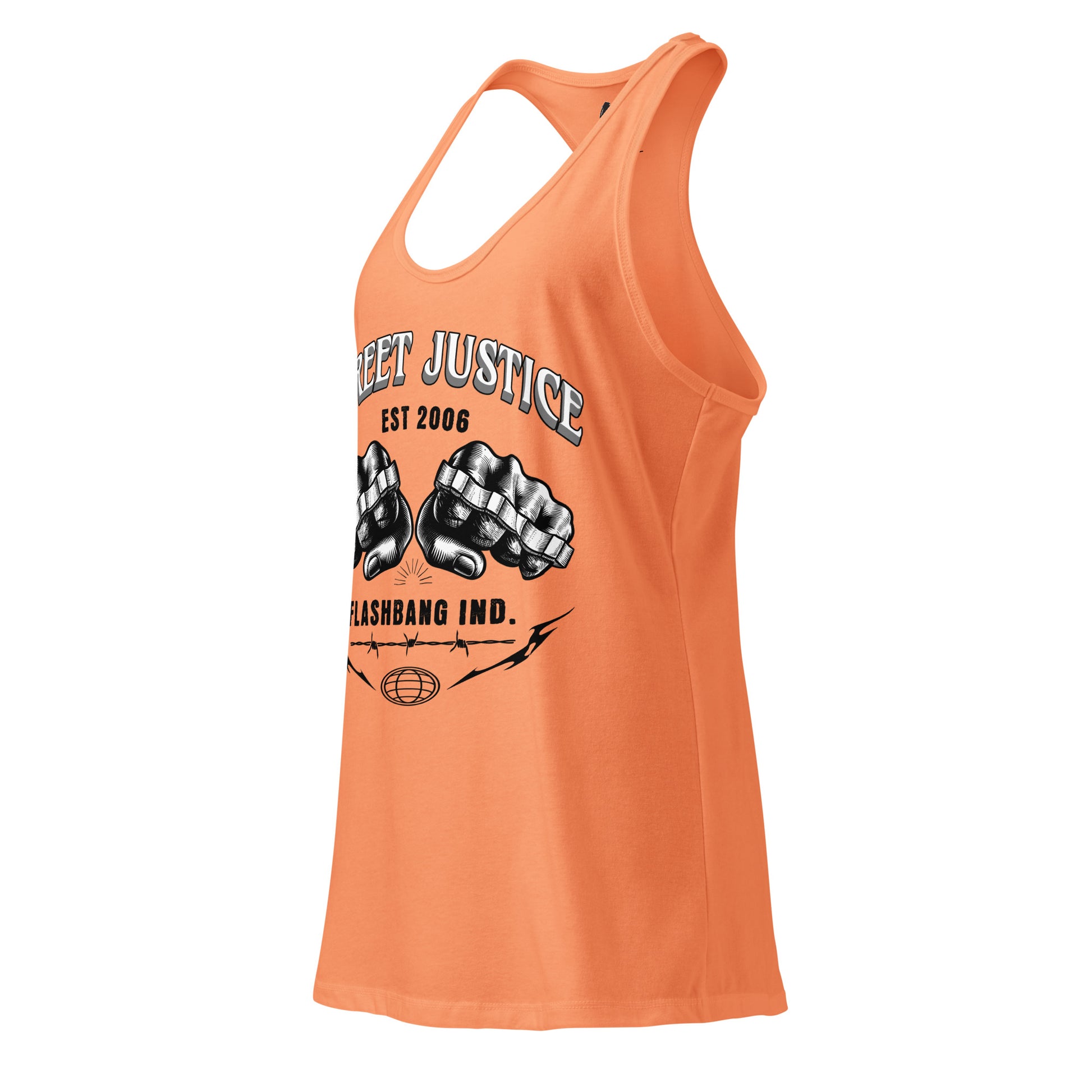 Orange tank top with graphic design and text on a white background
