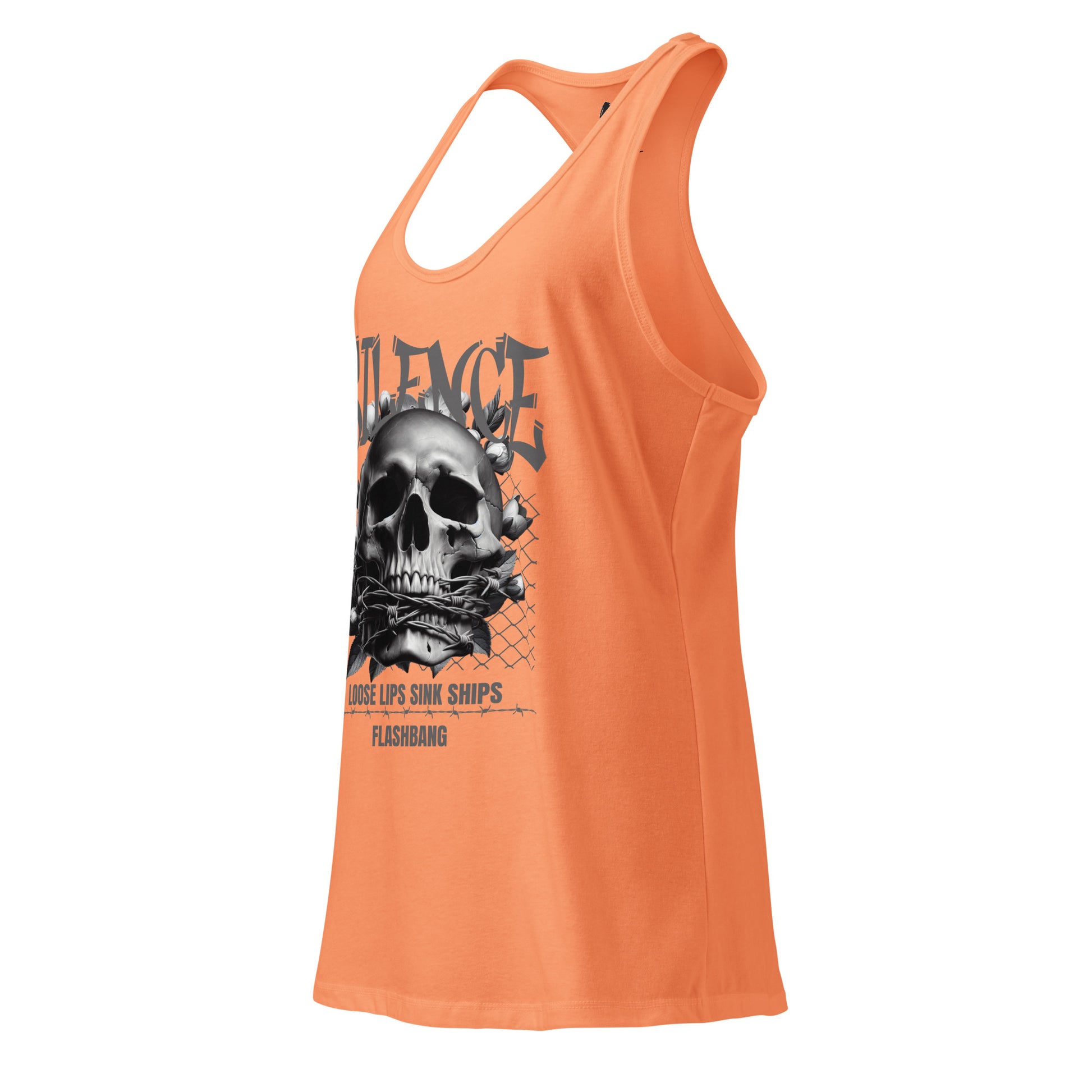 Orange tank top with a skull graphic and text on a white background
