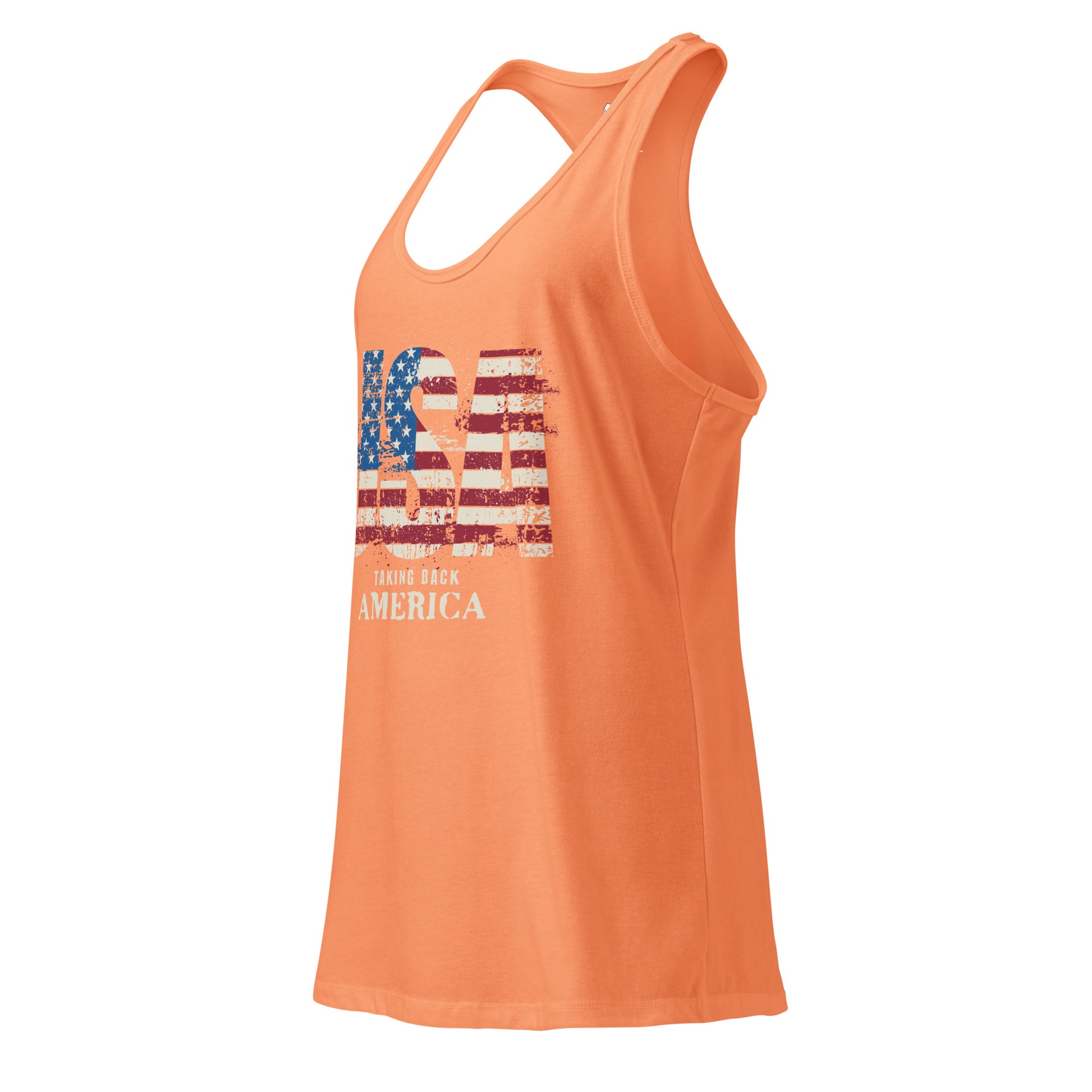 Orange tank top with American flag design on a white background