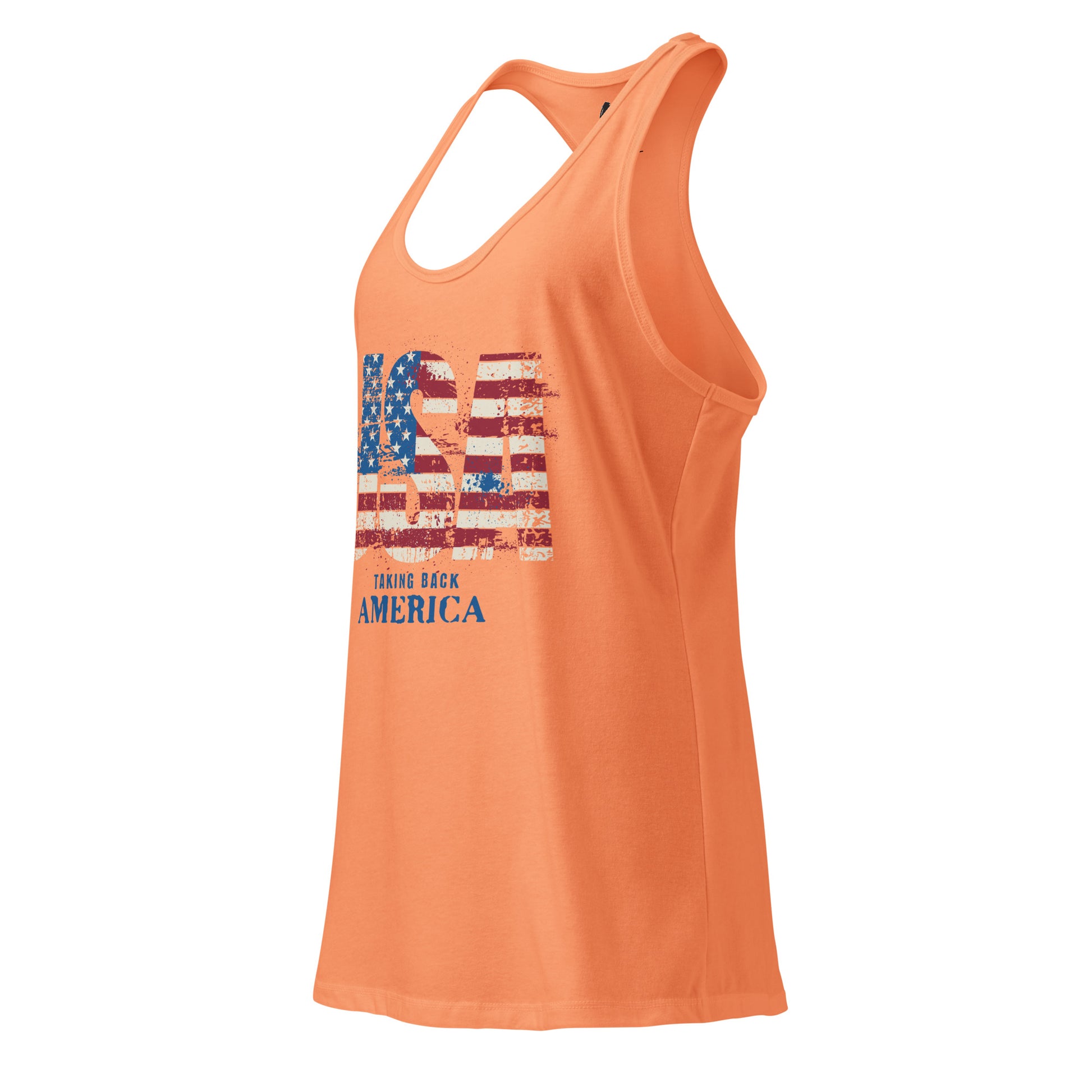 Orange tank top with American flag design on a white background