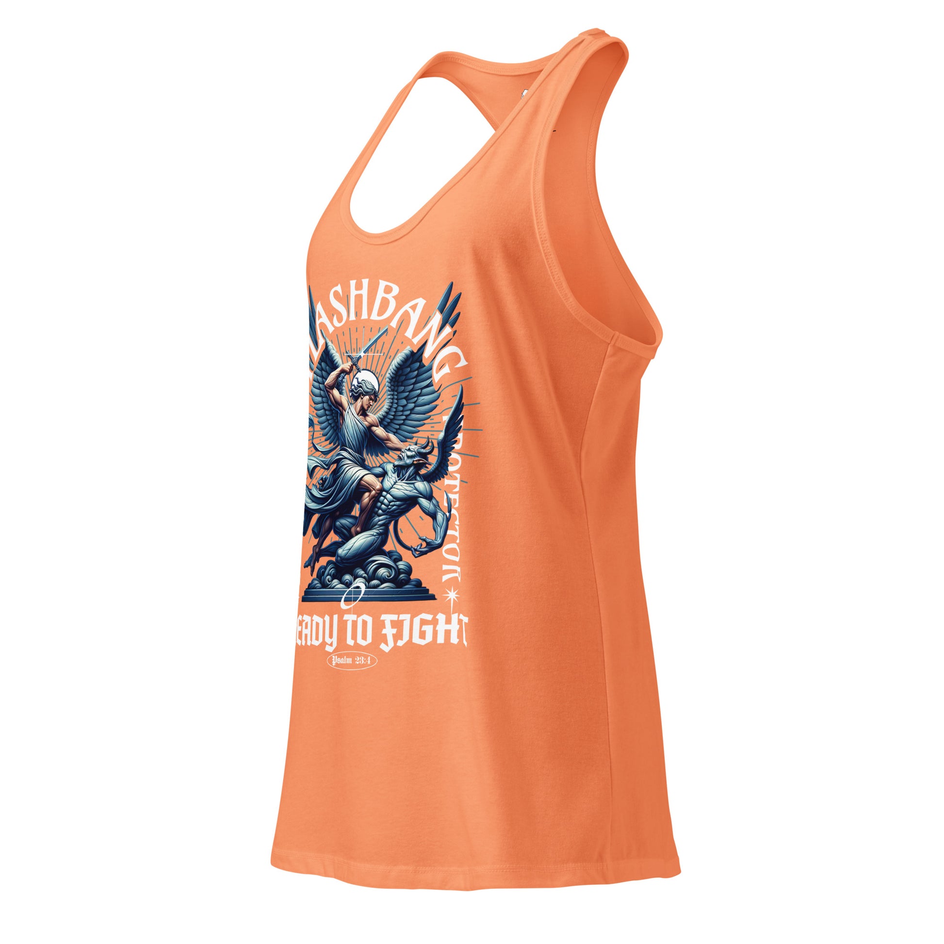 Orange tank top with graphic design and text on a white background