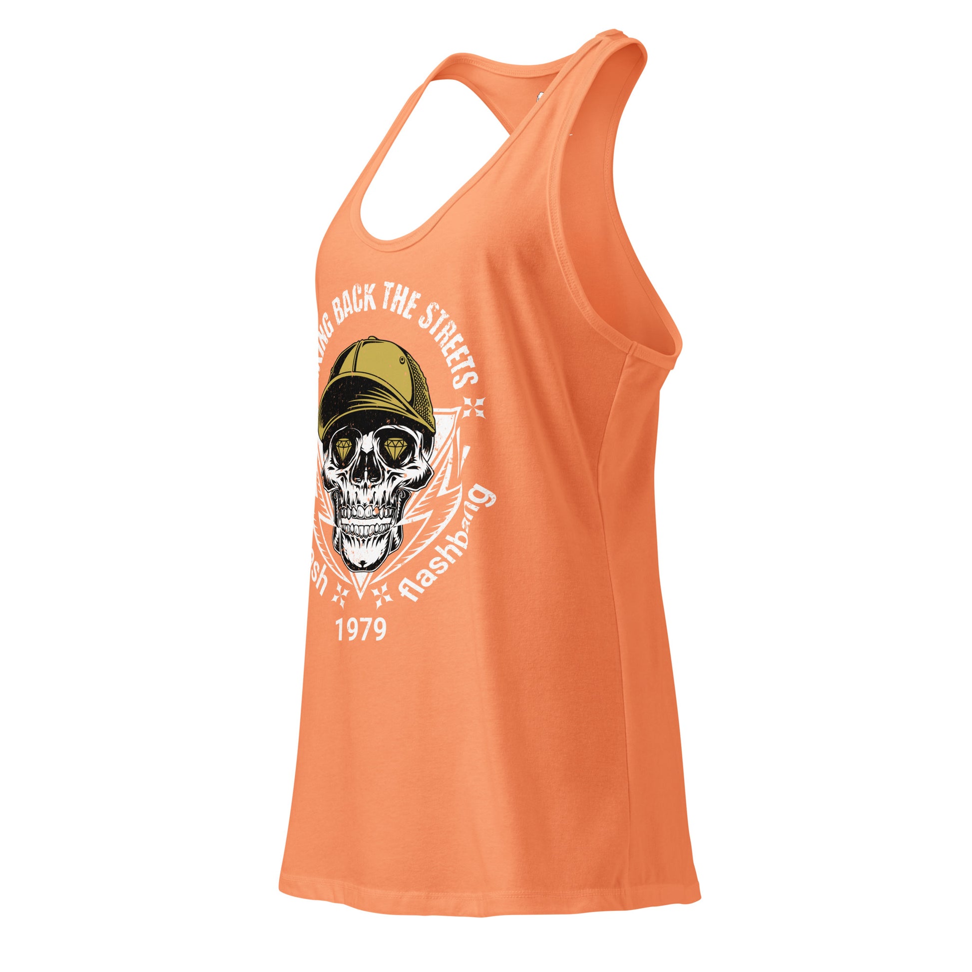 Orange tank top with a skull graphic and text on a white background