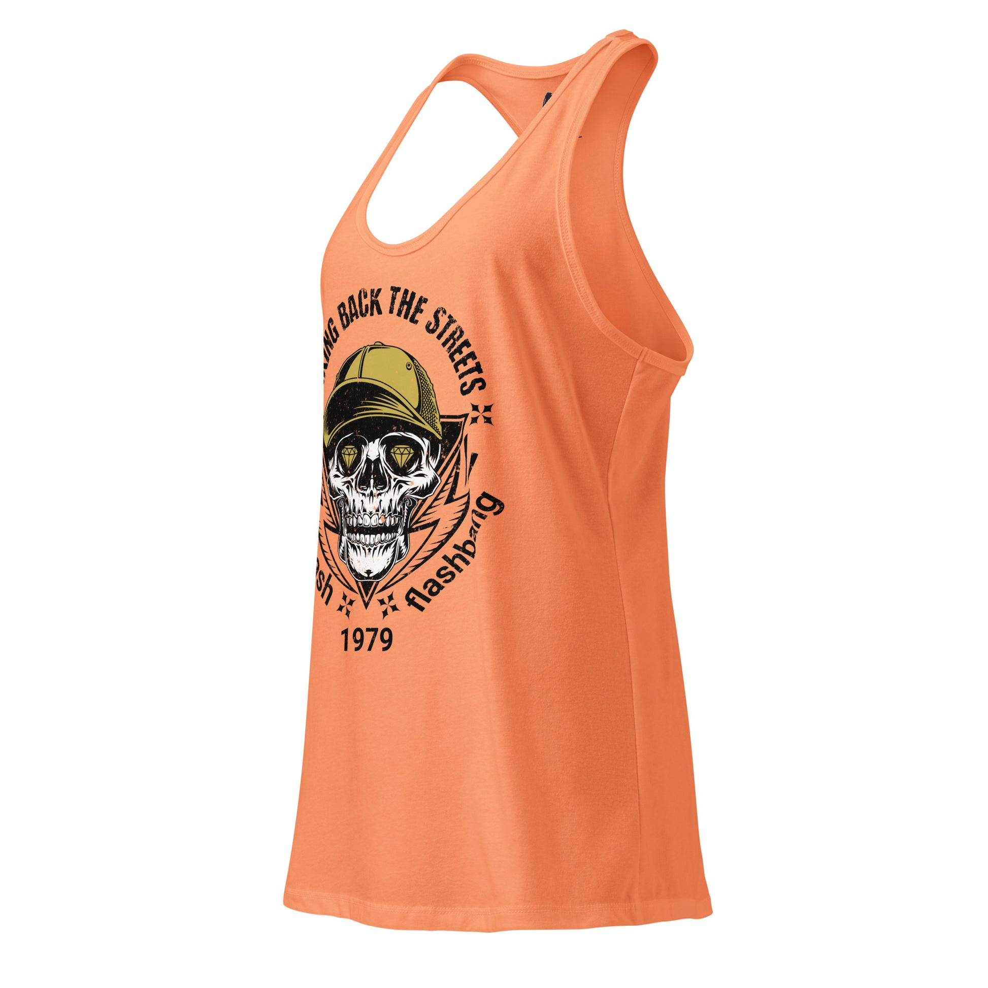 Orange tank top with a skull graphic and text on a white background