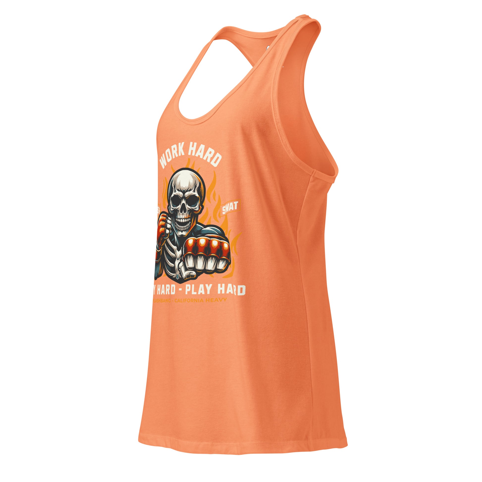 Orange tank top with a skeleton graphic and text on a white background