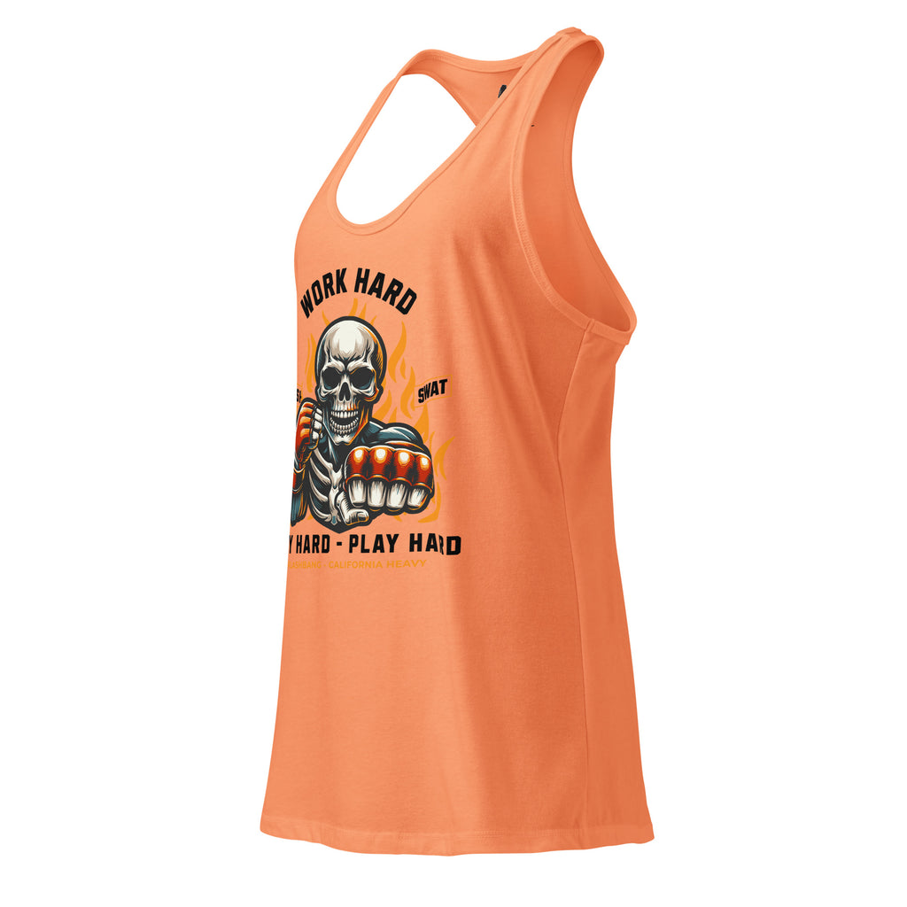 Orange tank top with a graphic design and text on a white background