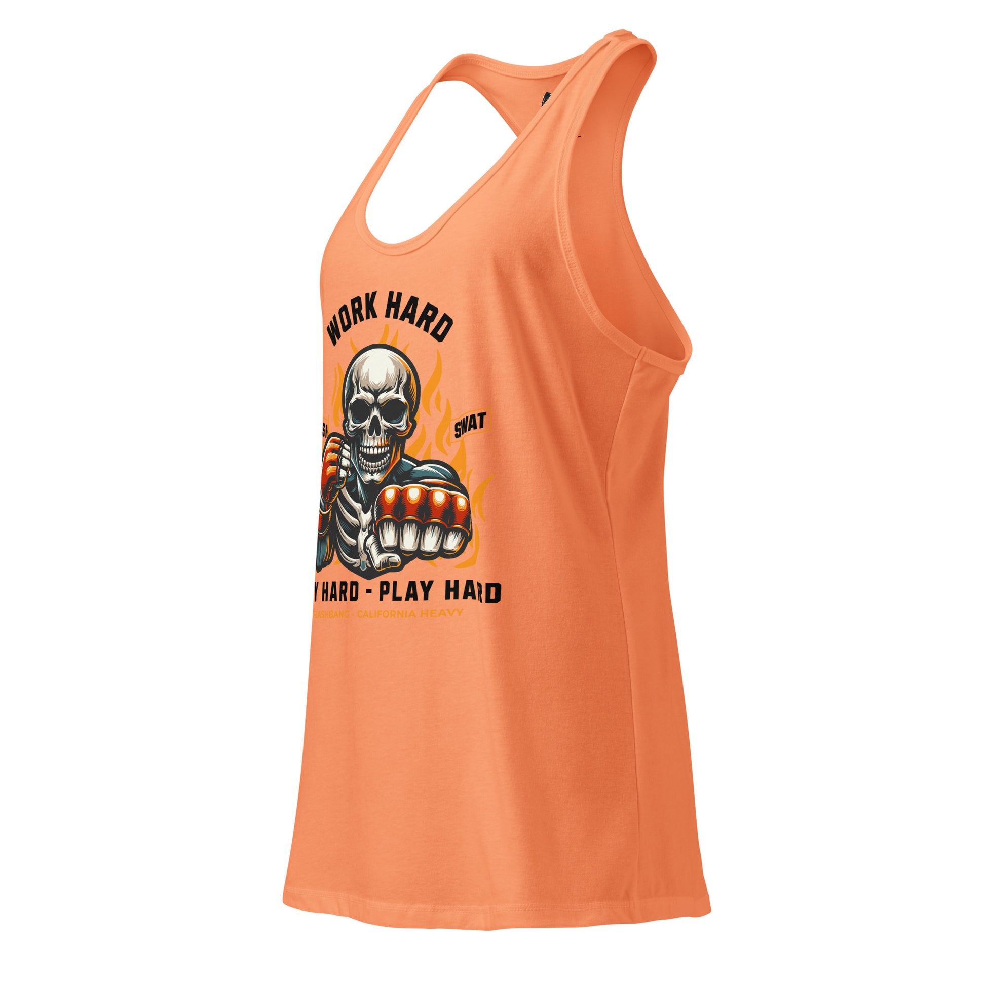 Orange tank top with a graphic design and text on a white background