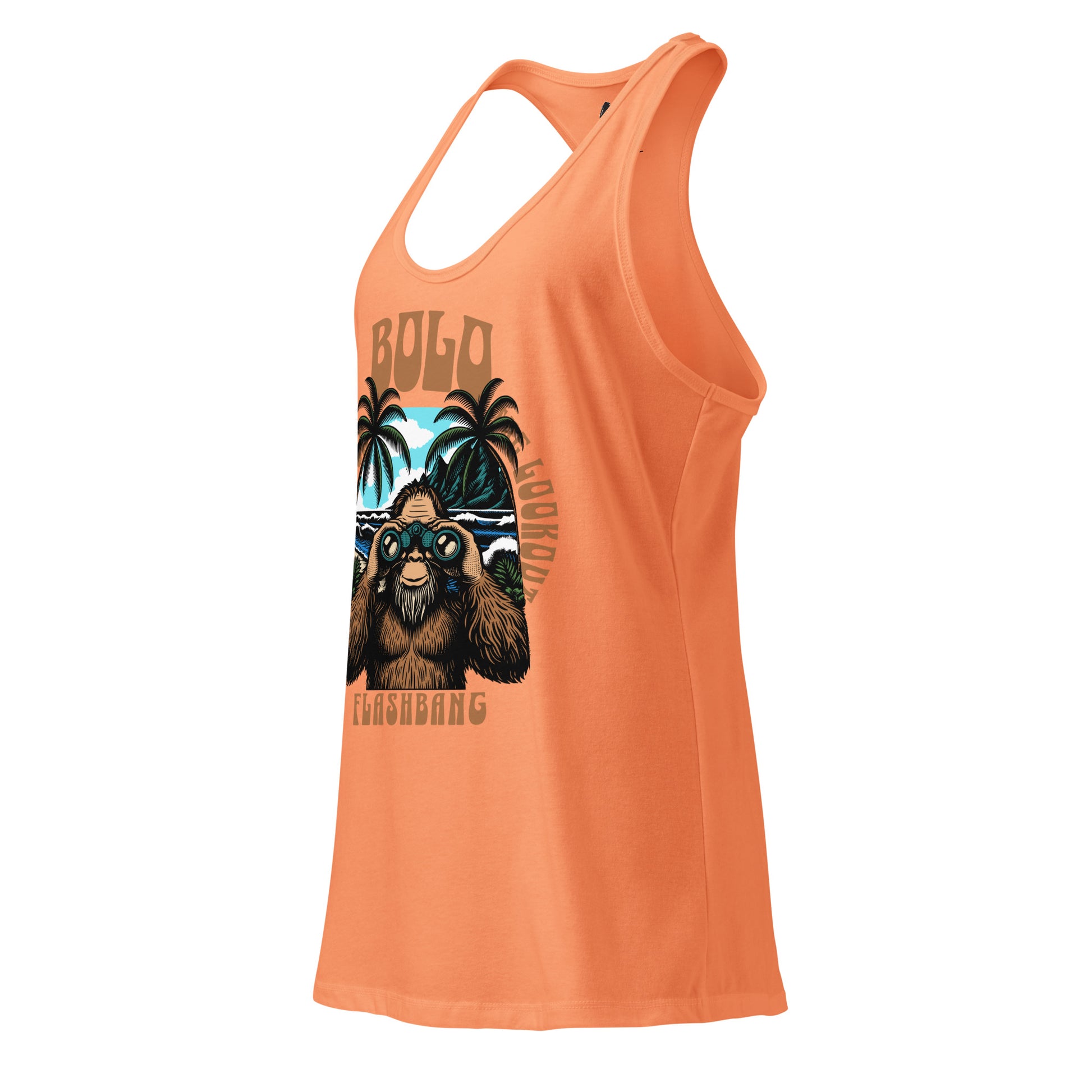 Orange tank top with a graphic of a bear and palm trees on a white background