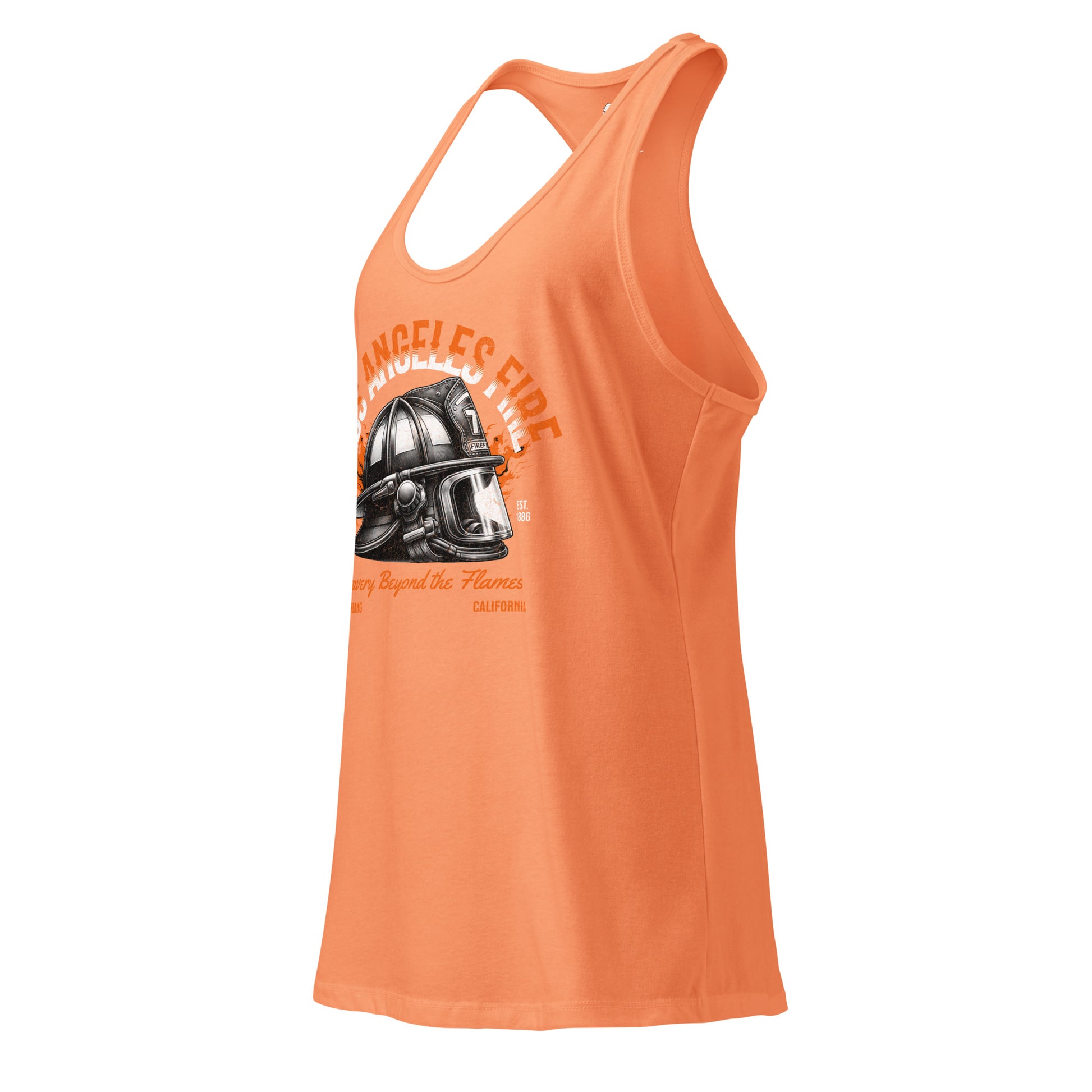 Orange tank top with a graphic of a firefighter helmet on a white background