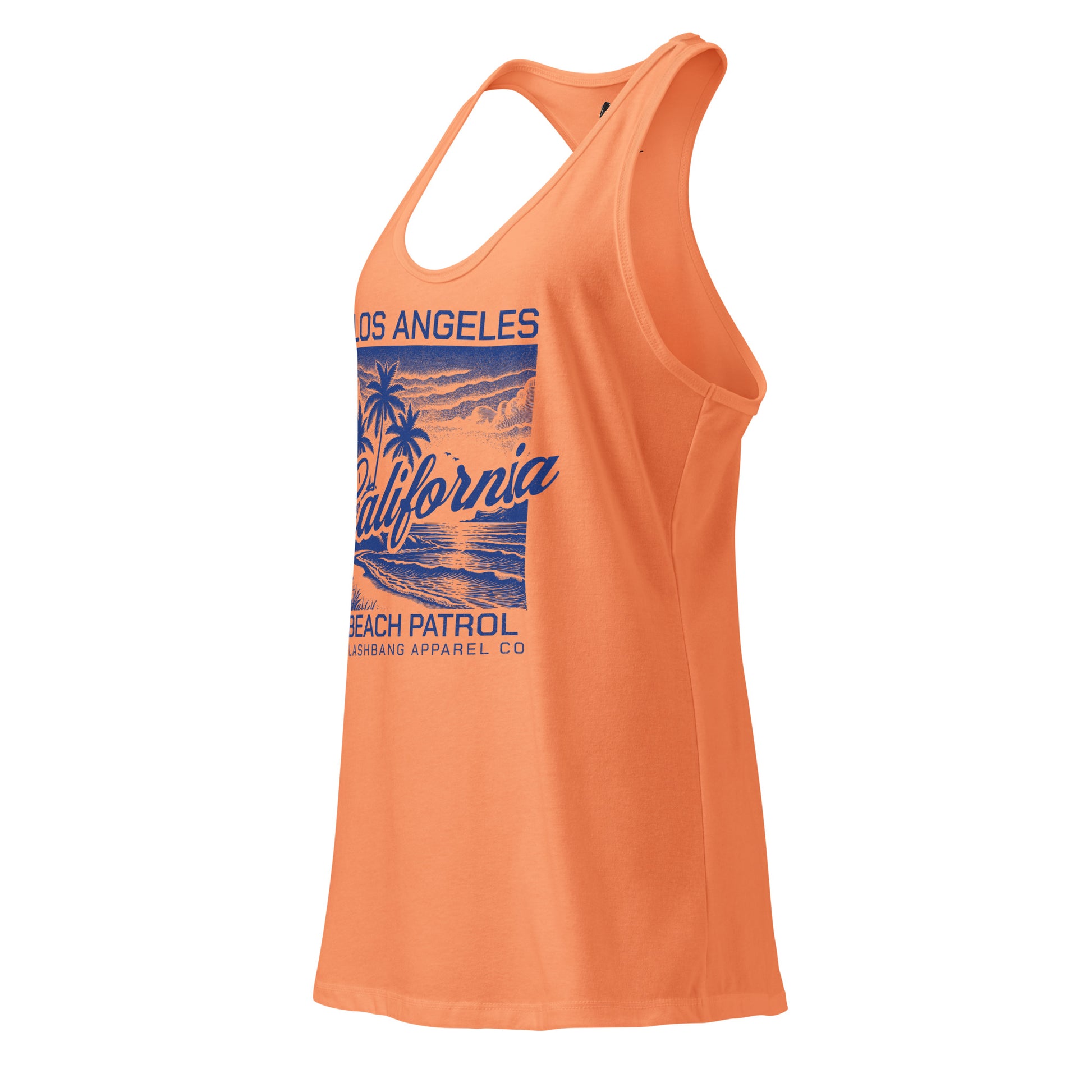 Orange tank top with 'Los Angeles California Beach Patrol' text and graphics on a white background
