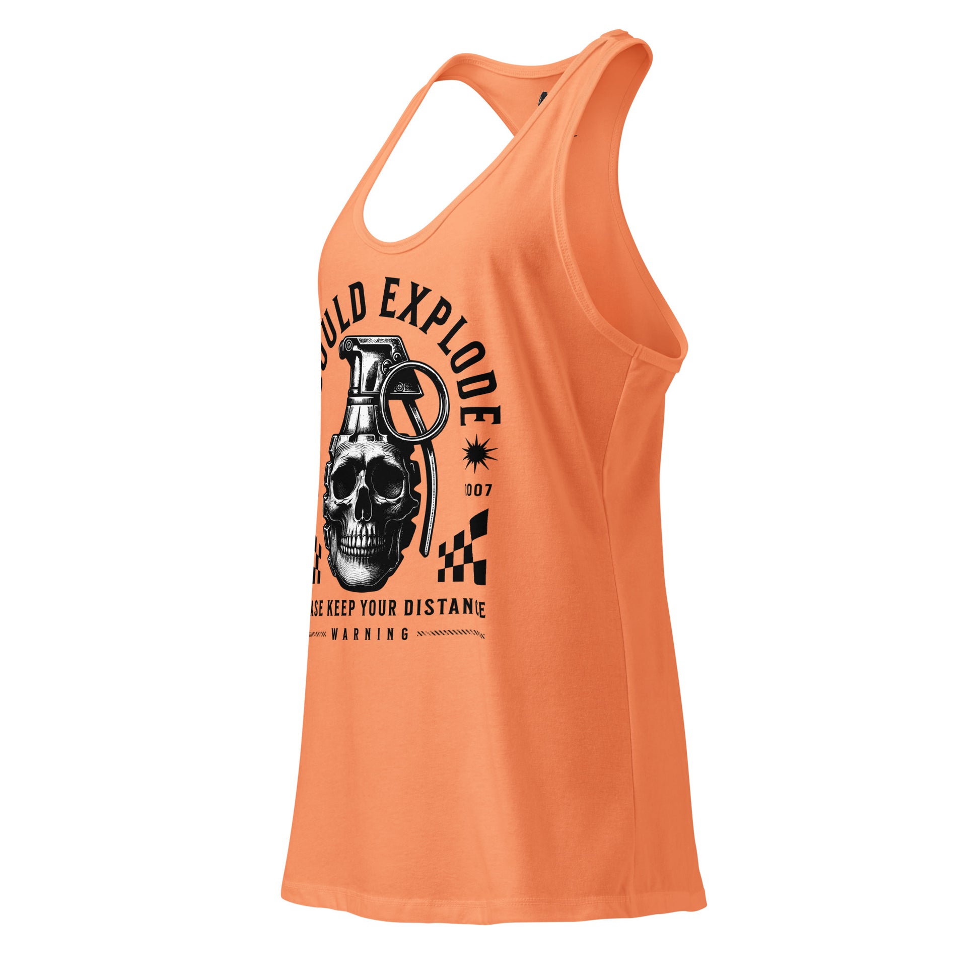Orange tank top with a skull and bomb graphic on a white background