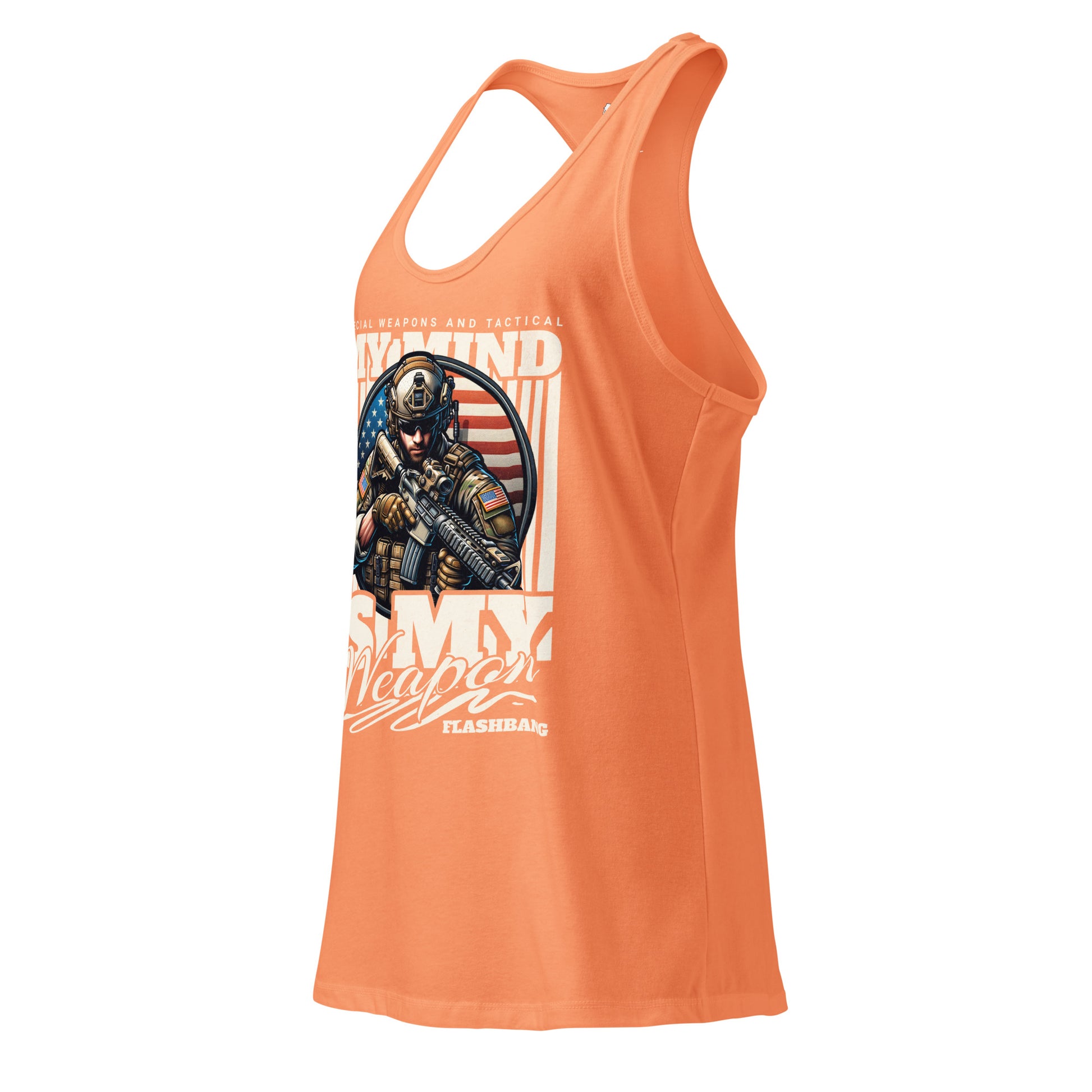 Orange tank top with graphic design on a white background