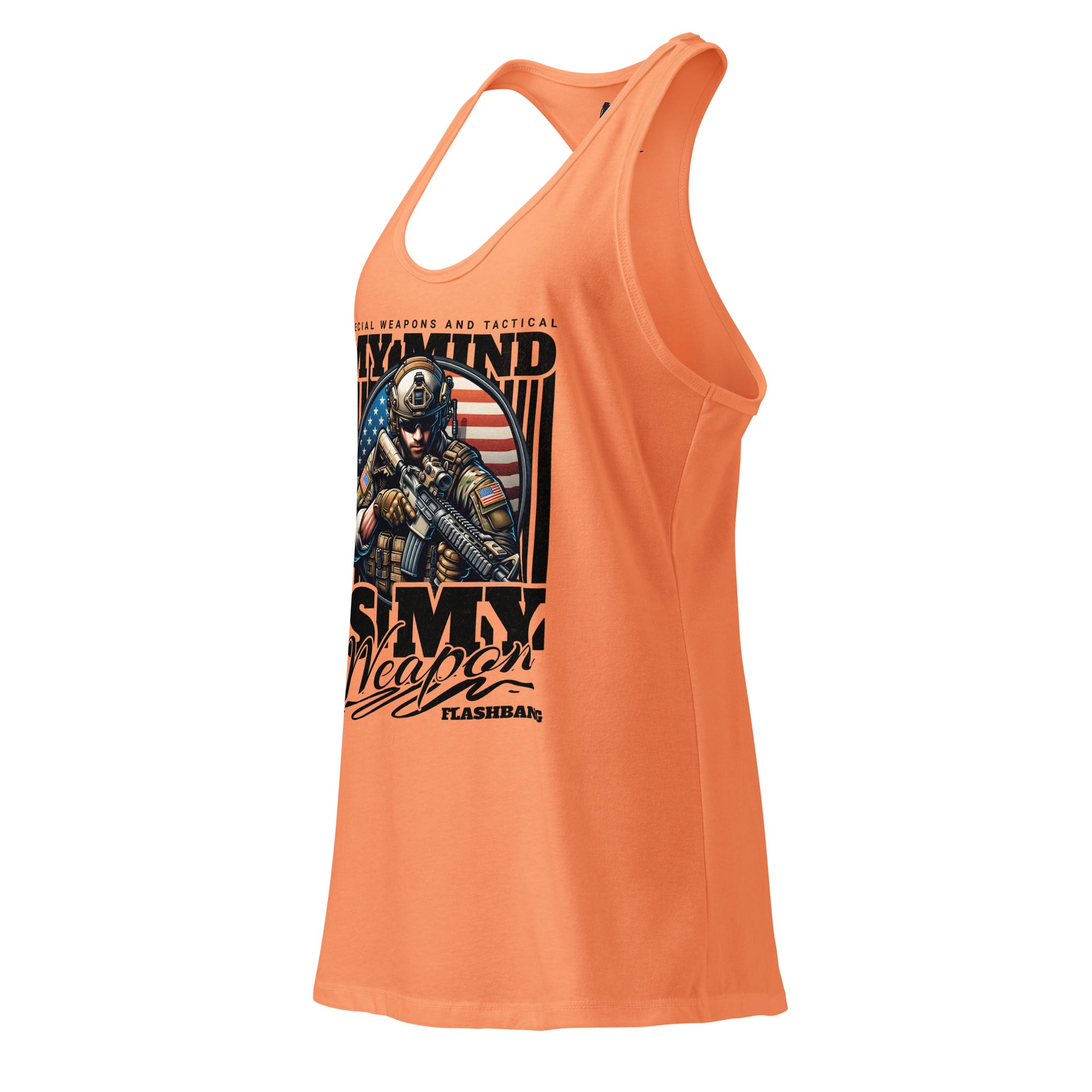 Orange tank top with graphic design on a white background