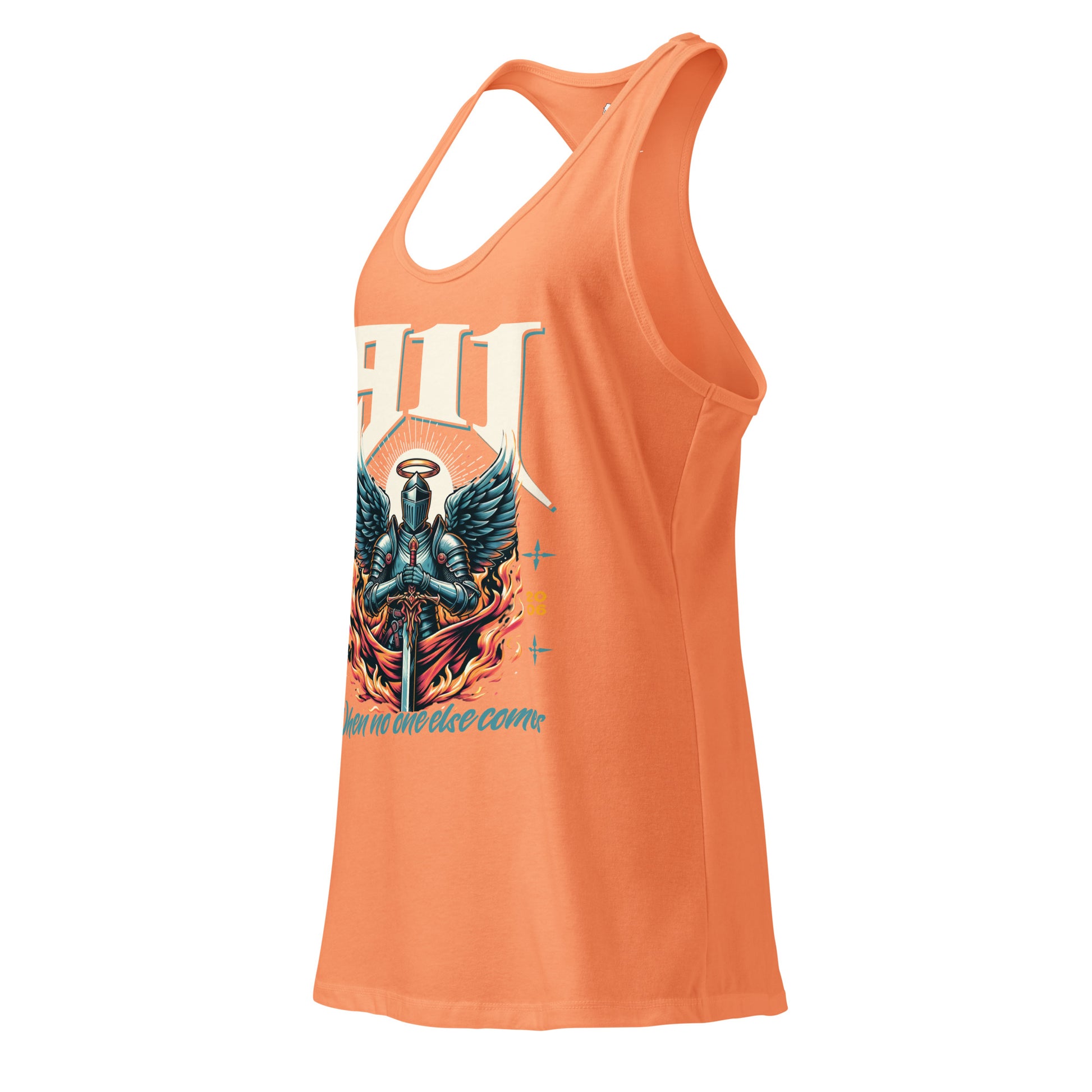 Orange tank top with graphic design on a white background