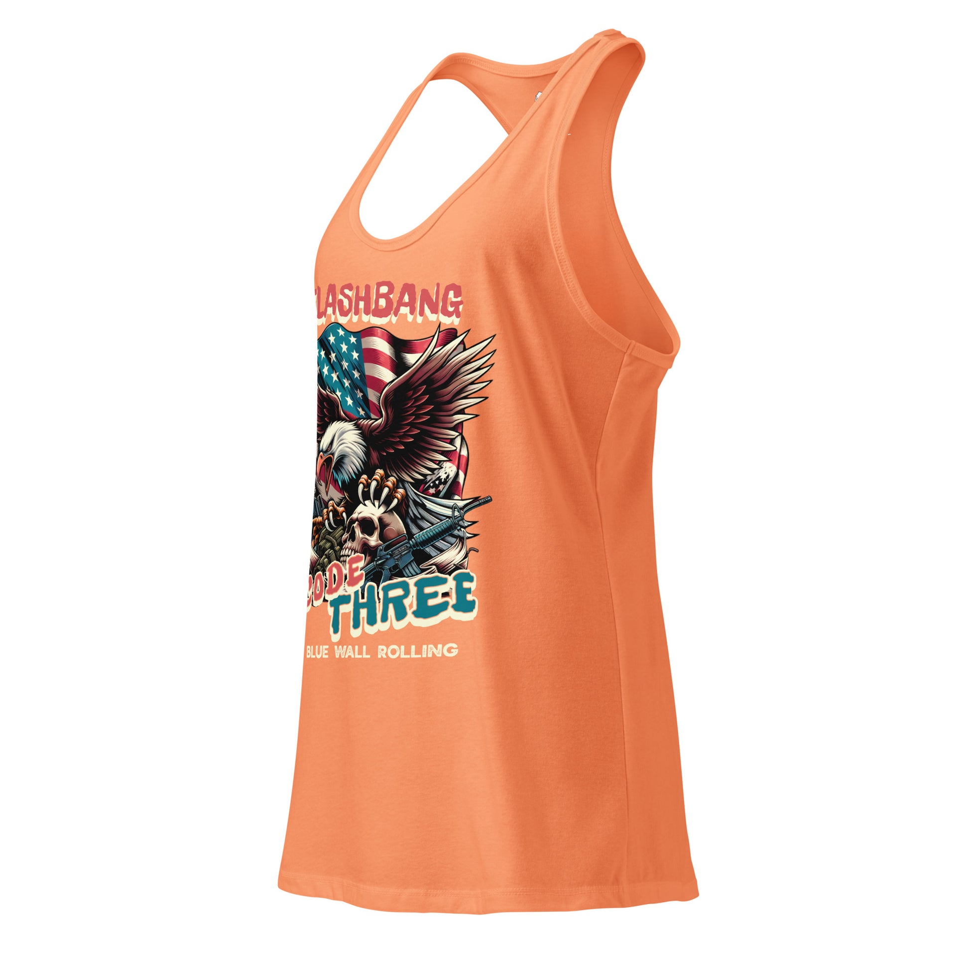 Orange tank top with graphic design on a white background