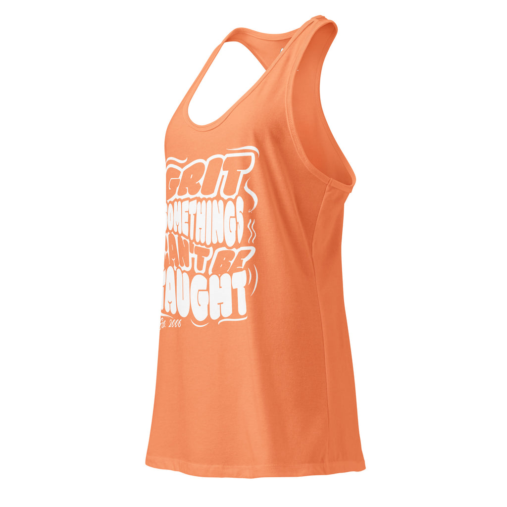 Orange tank top with white text on a white background