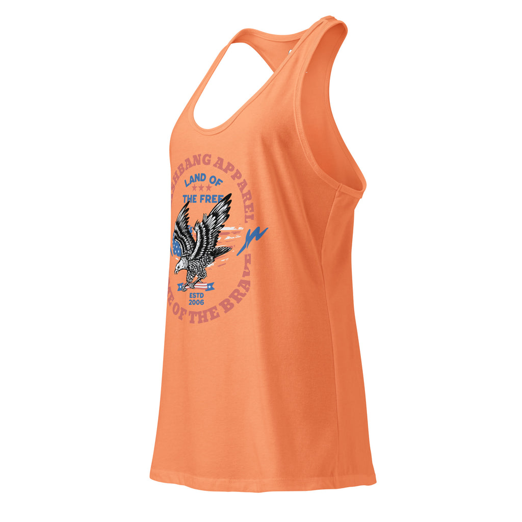 Orange tank top with eagle graphic and text on a white background