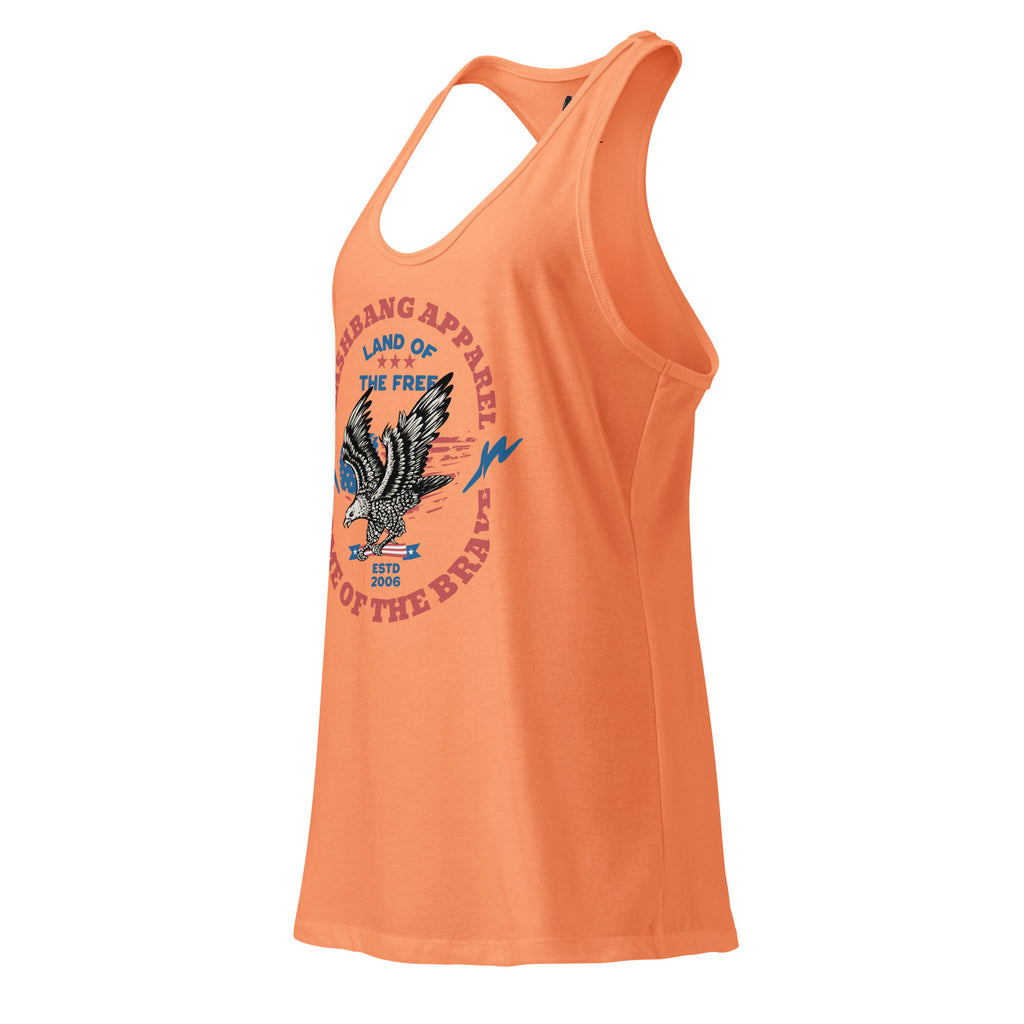 Orange tank top with eagle graphic and text on a white background