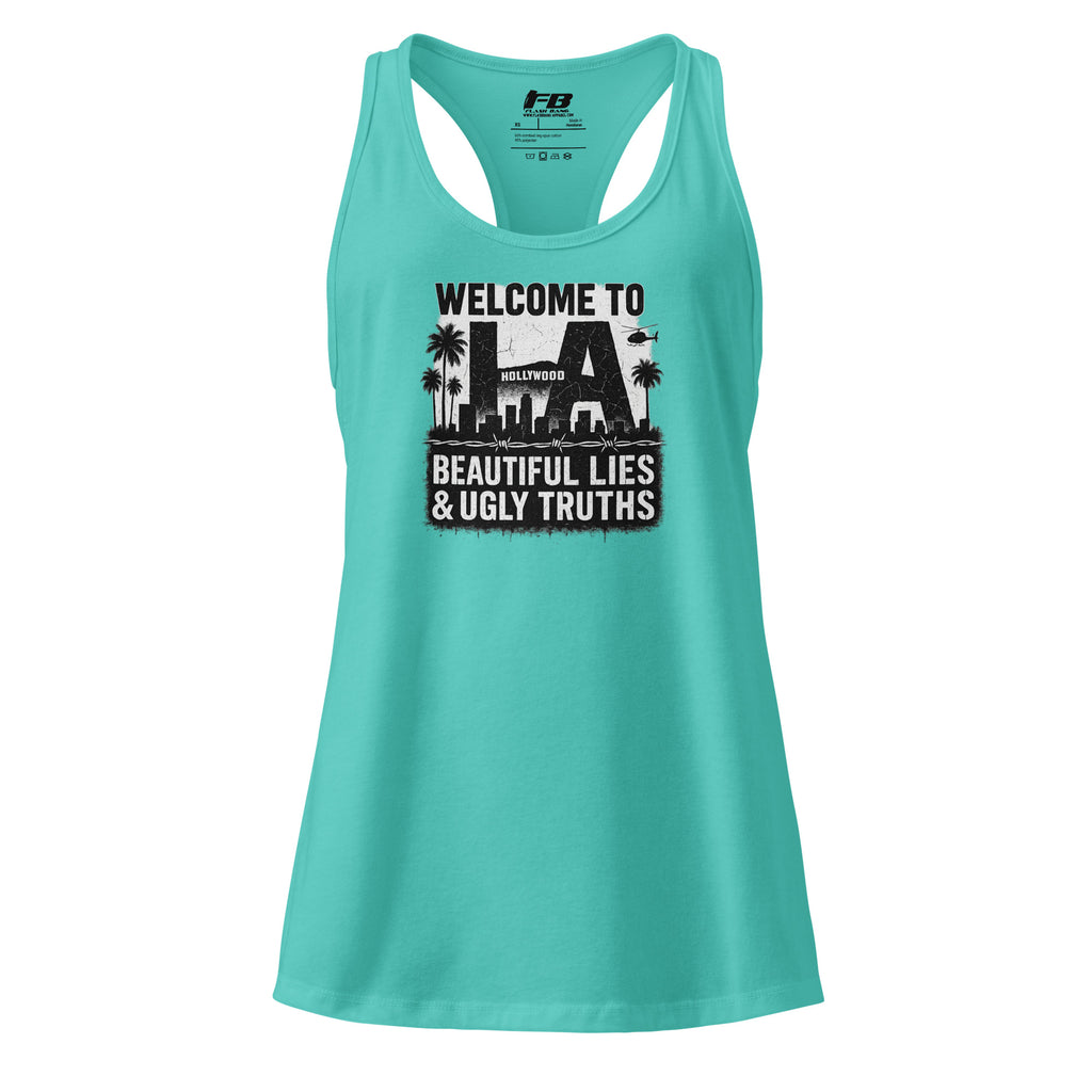 Turquoise tank top with graphic design and text on a white background
