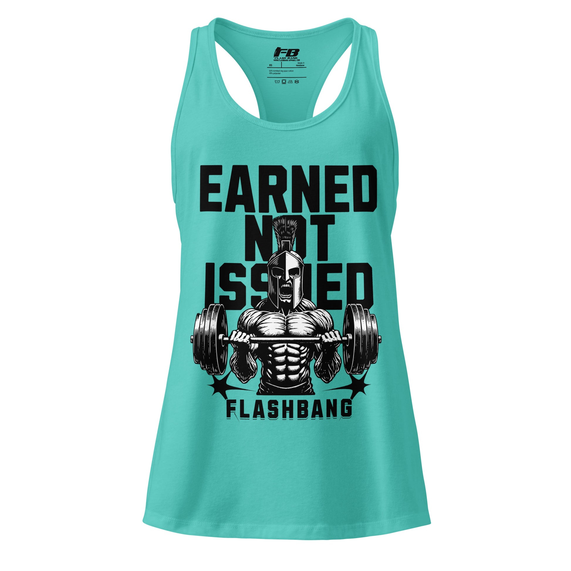 Turquoise tank top with graphic design and text on a white background