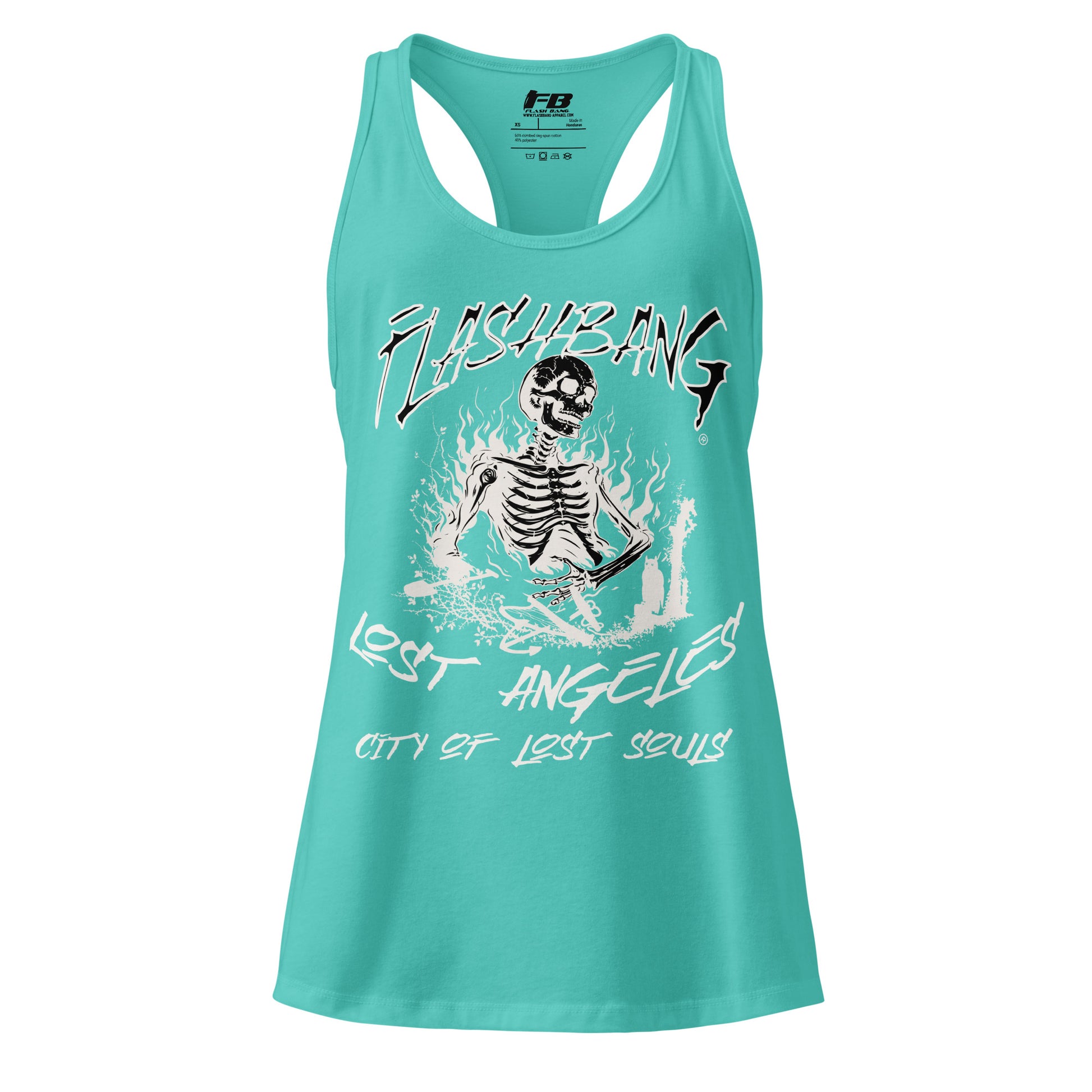 Turquoise tank top with skeleton graphic and text on a white background