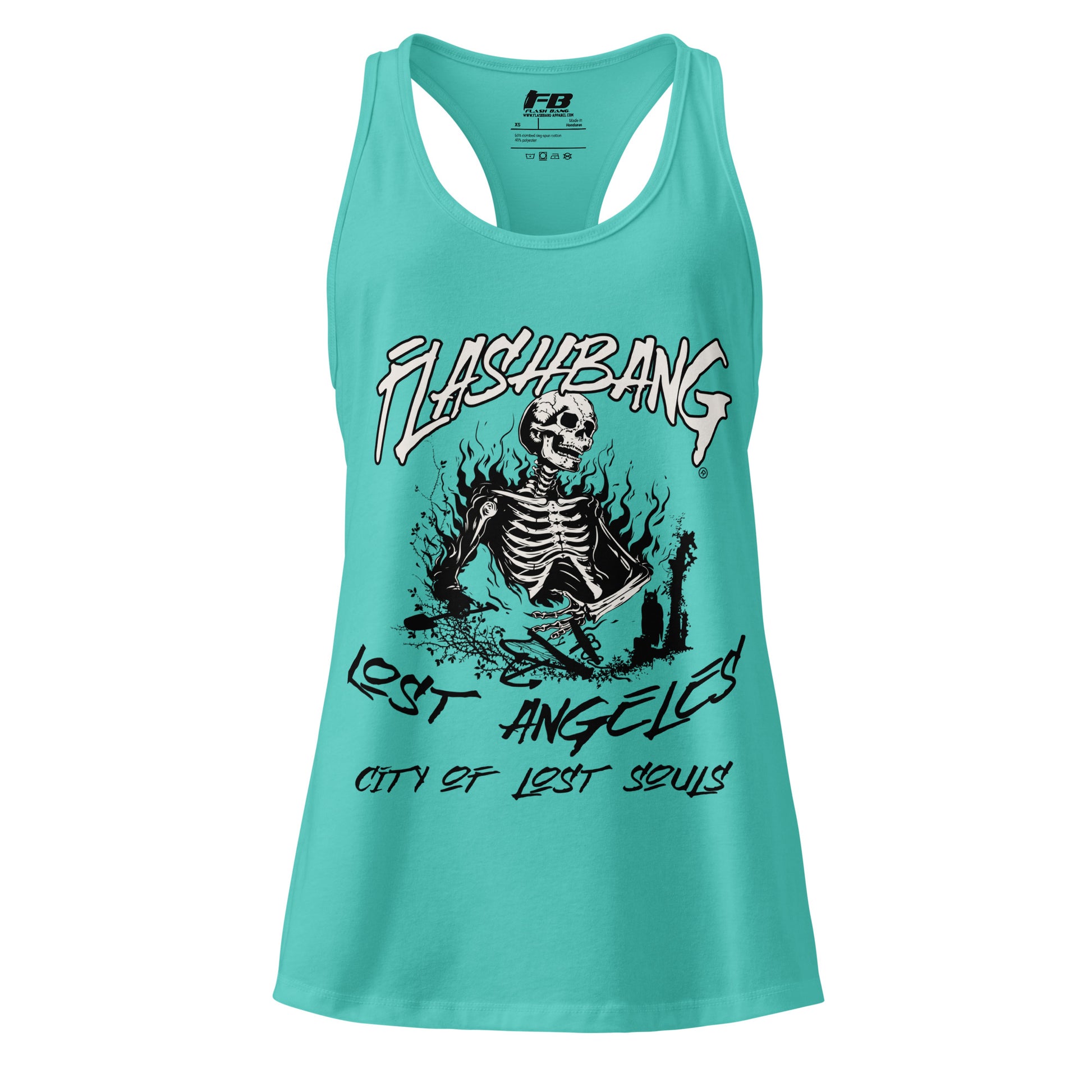 Turquoise tank top with skeleton graphic and text on a white background