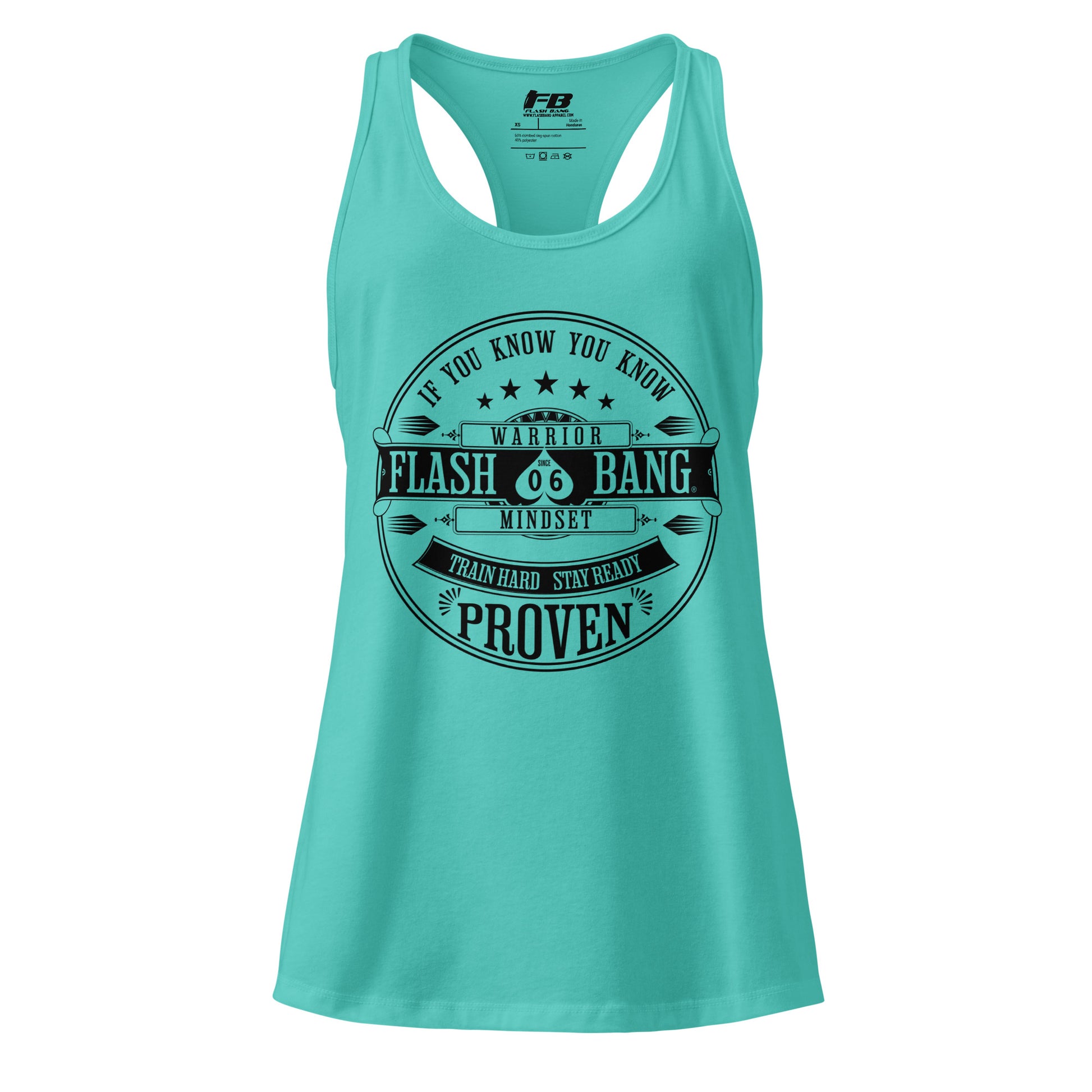 Turquoise tank top with motivational text design on a white background