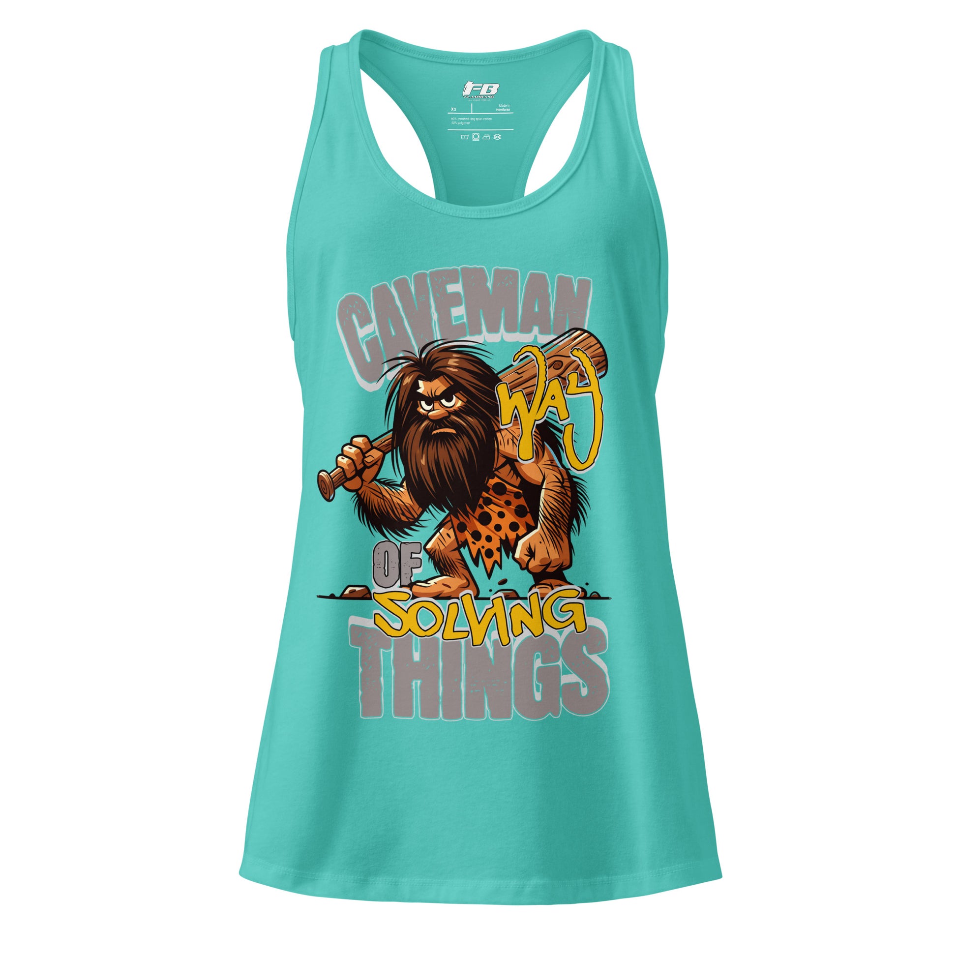 Turquoise tank top with a caveman graphic and text on a white background