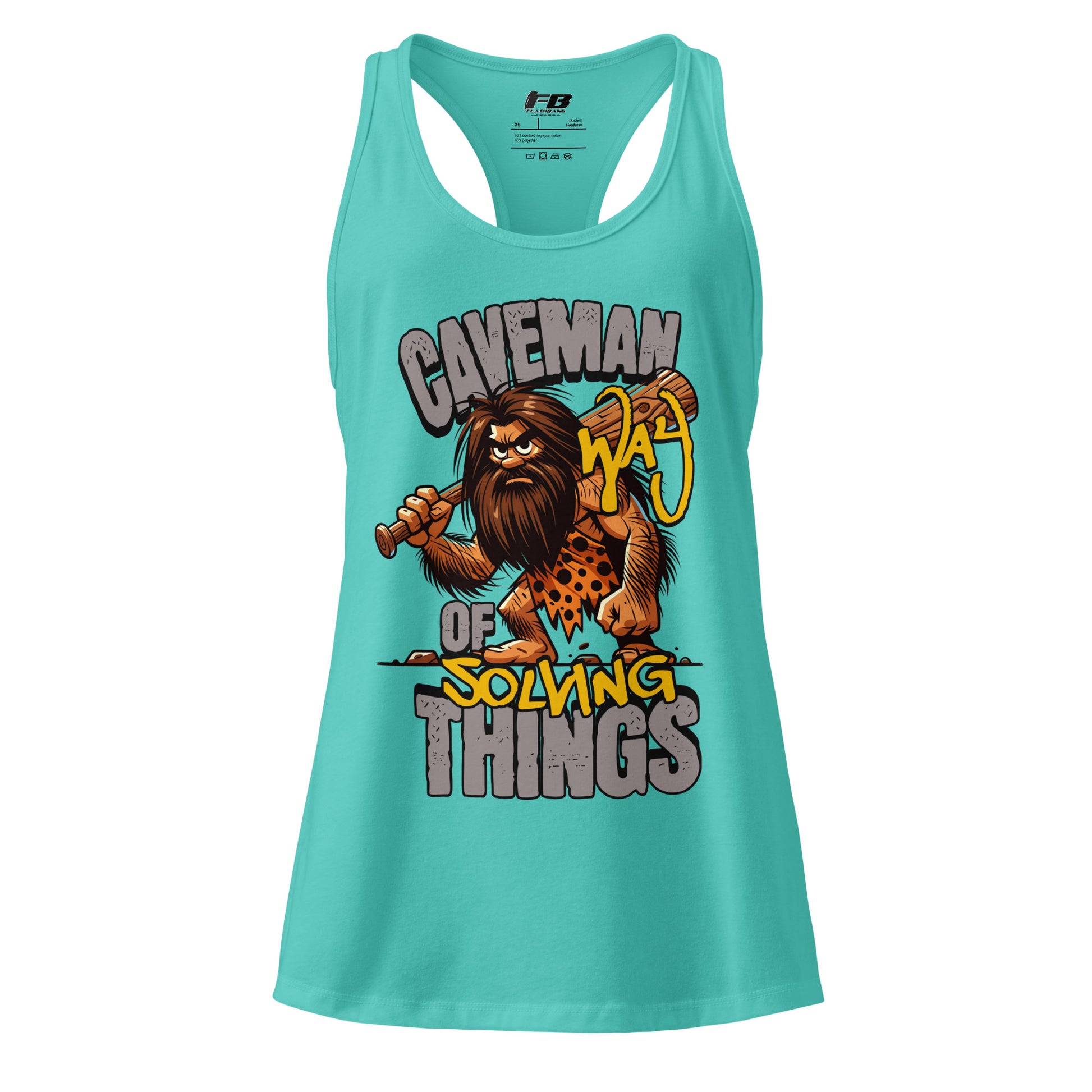 Turquoise tank top with a caveman graphic and text on a white background