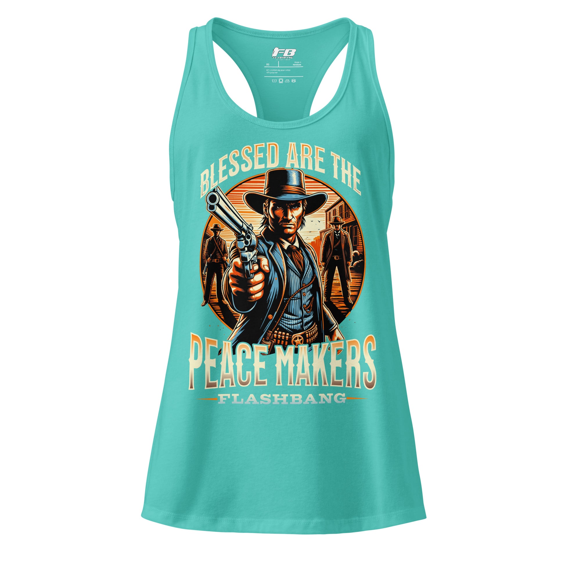 Turquoise tank top with a graphic design of a cowboy and text on a white background