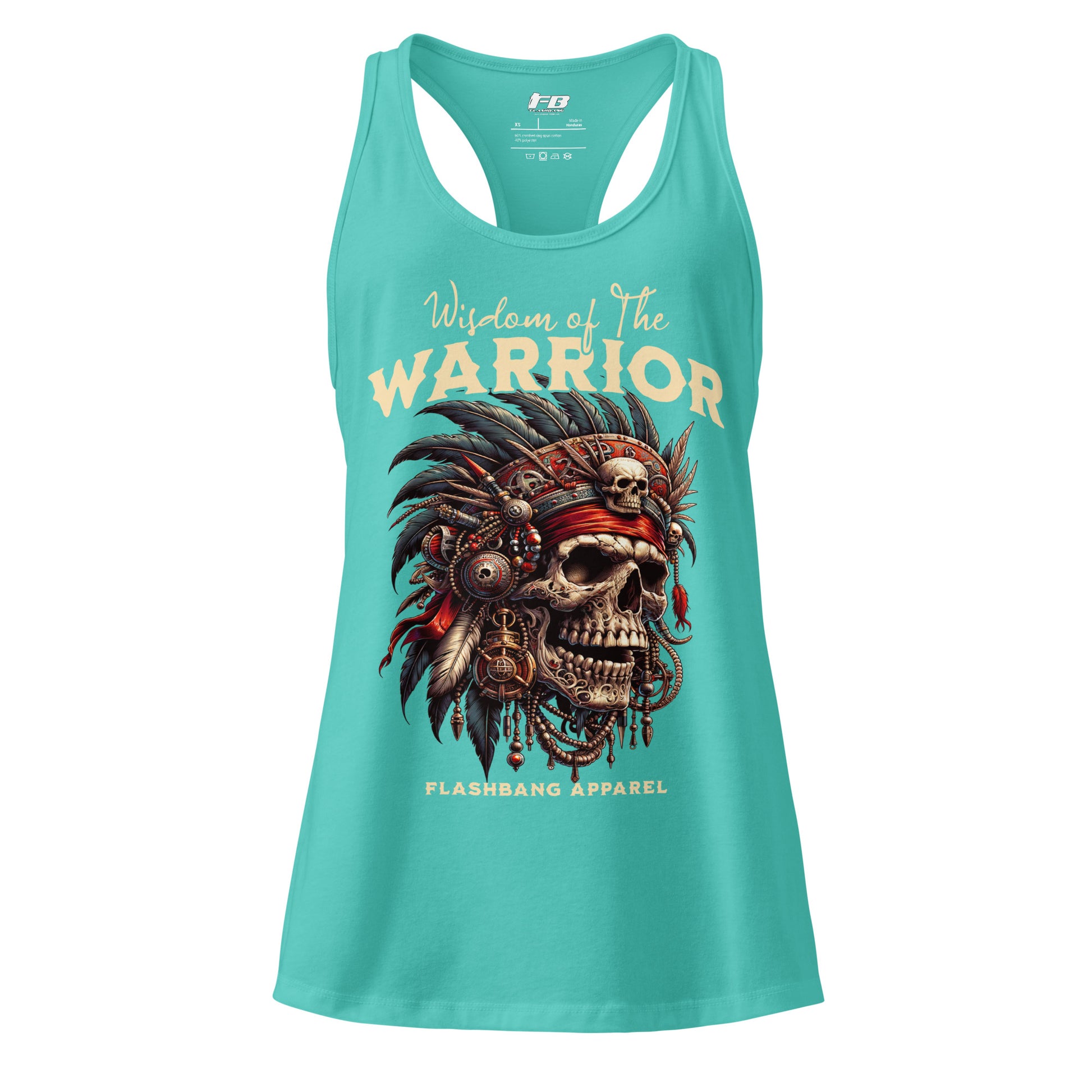 Turquoise tank top with warrior skull design and 'Wisdom of the Warrior' text on a white background