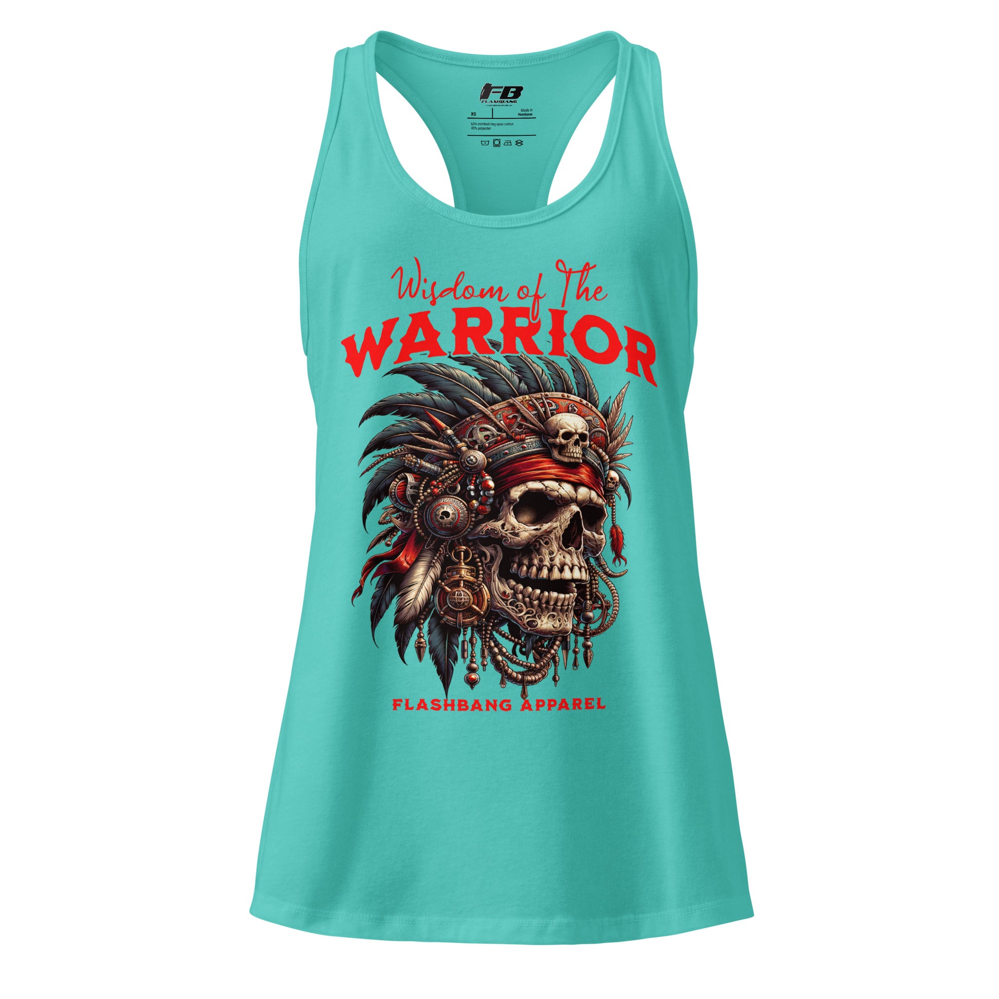 Turquoise tank top with warrior skull design and 'Flashbang Apparel' branding on a white background