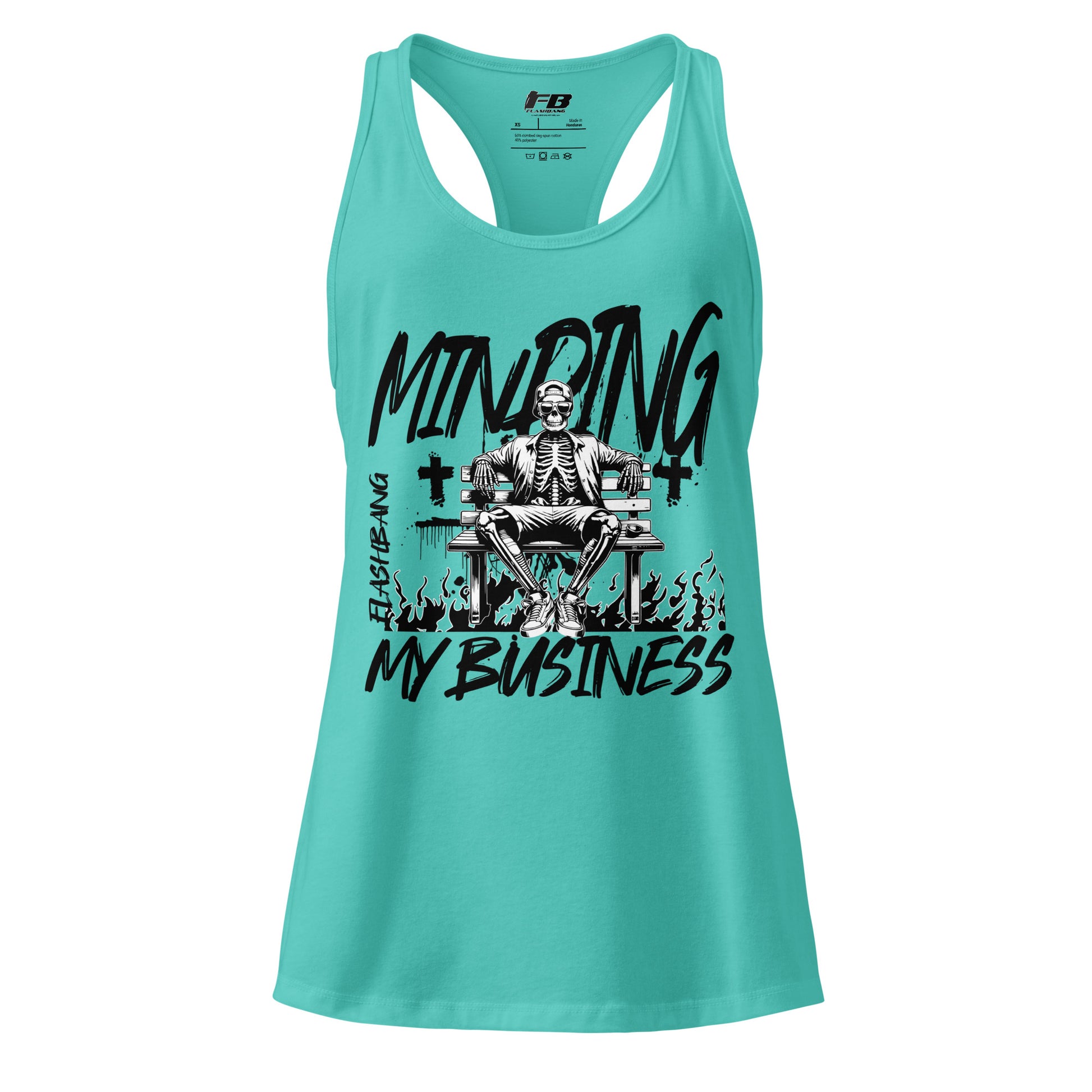 Turquoise tank top with skeleton graphic and text on a white background