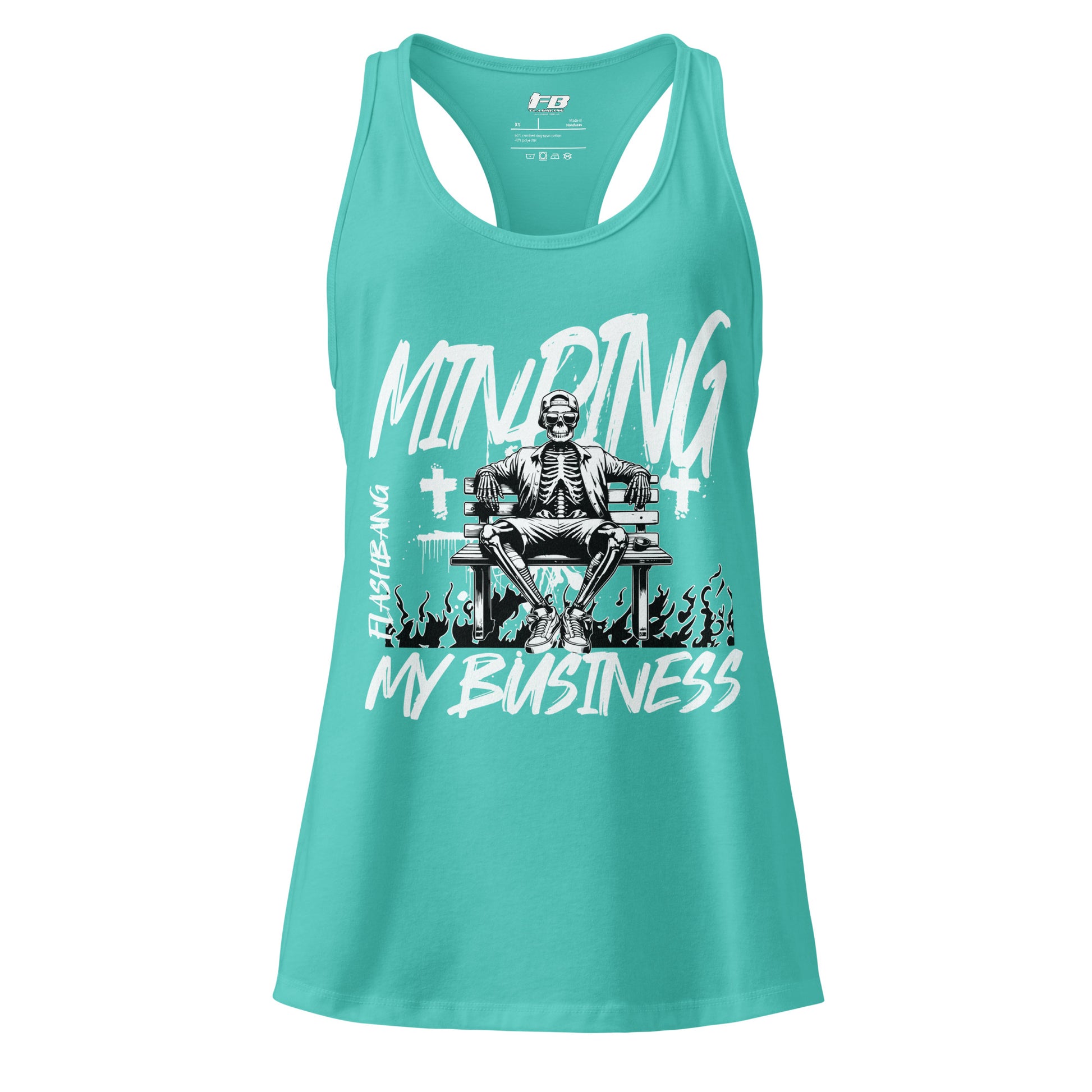 Turquoise tank top with skeleton graphic and text on a white background