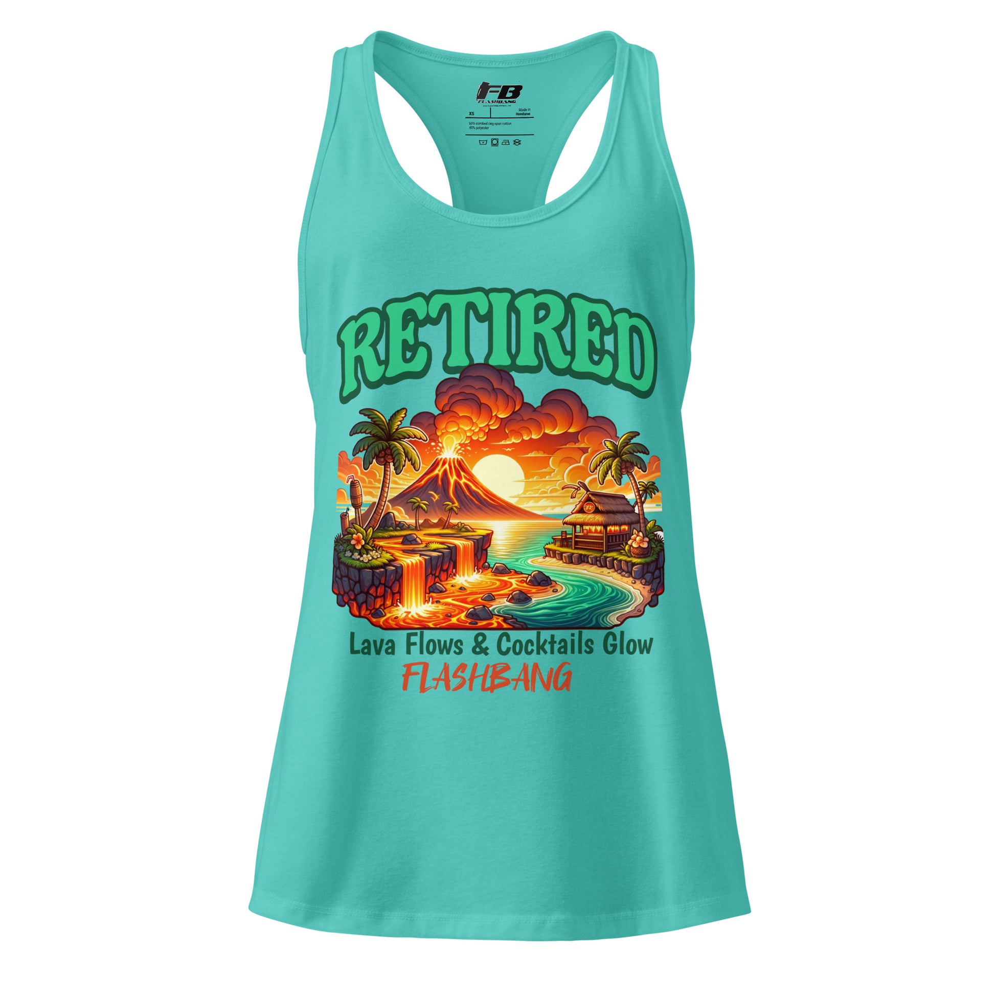 Turquoise tank top with a tropical graphic design on a white background