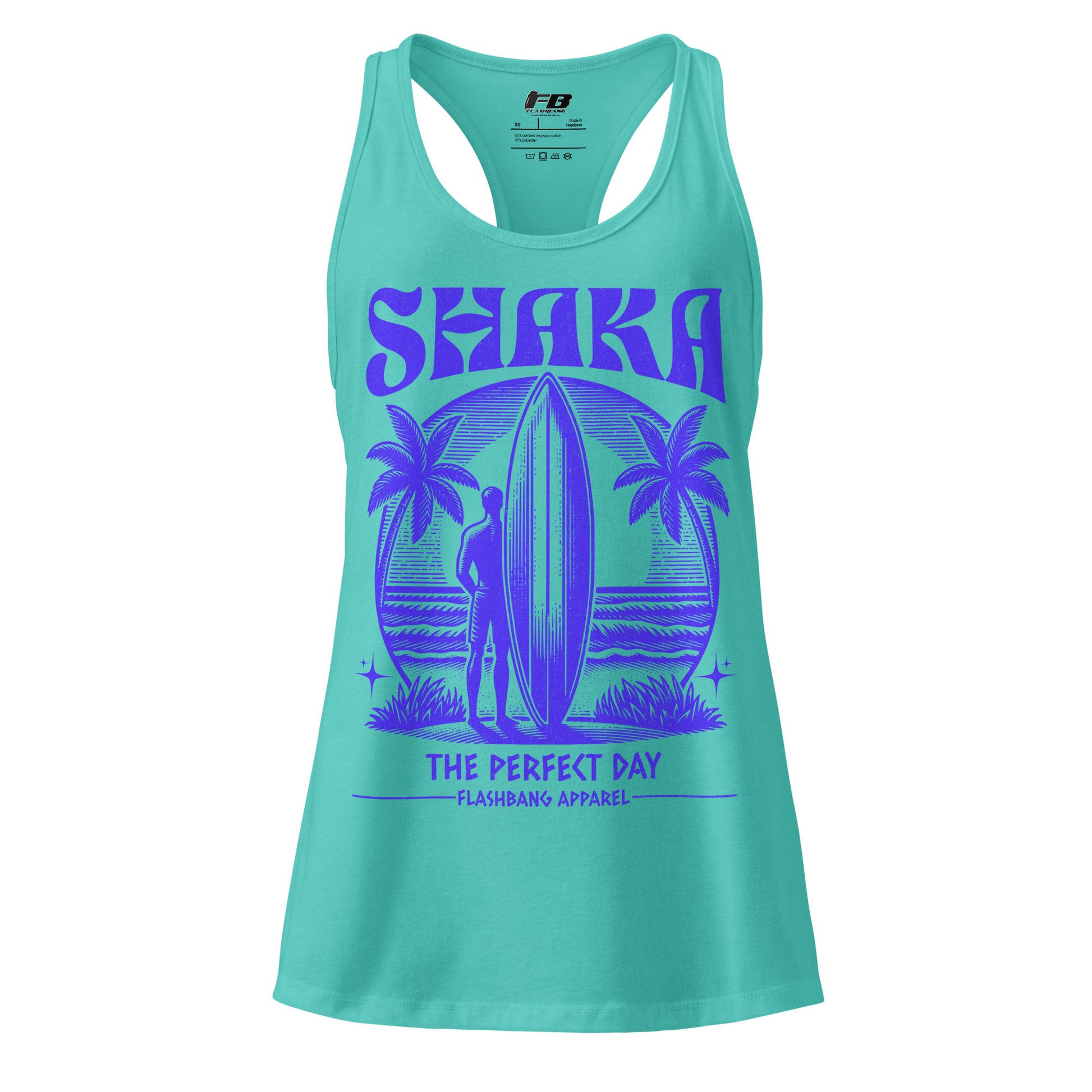 Turquoise tank top with purple graphic and text on a white background