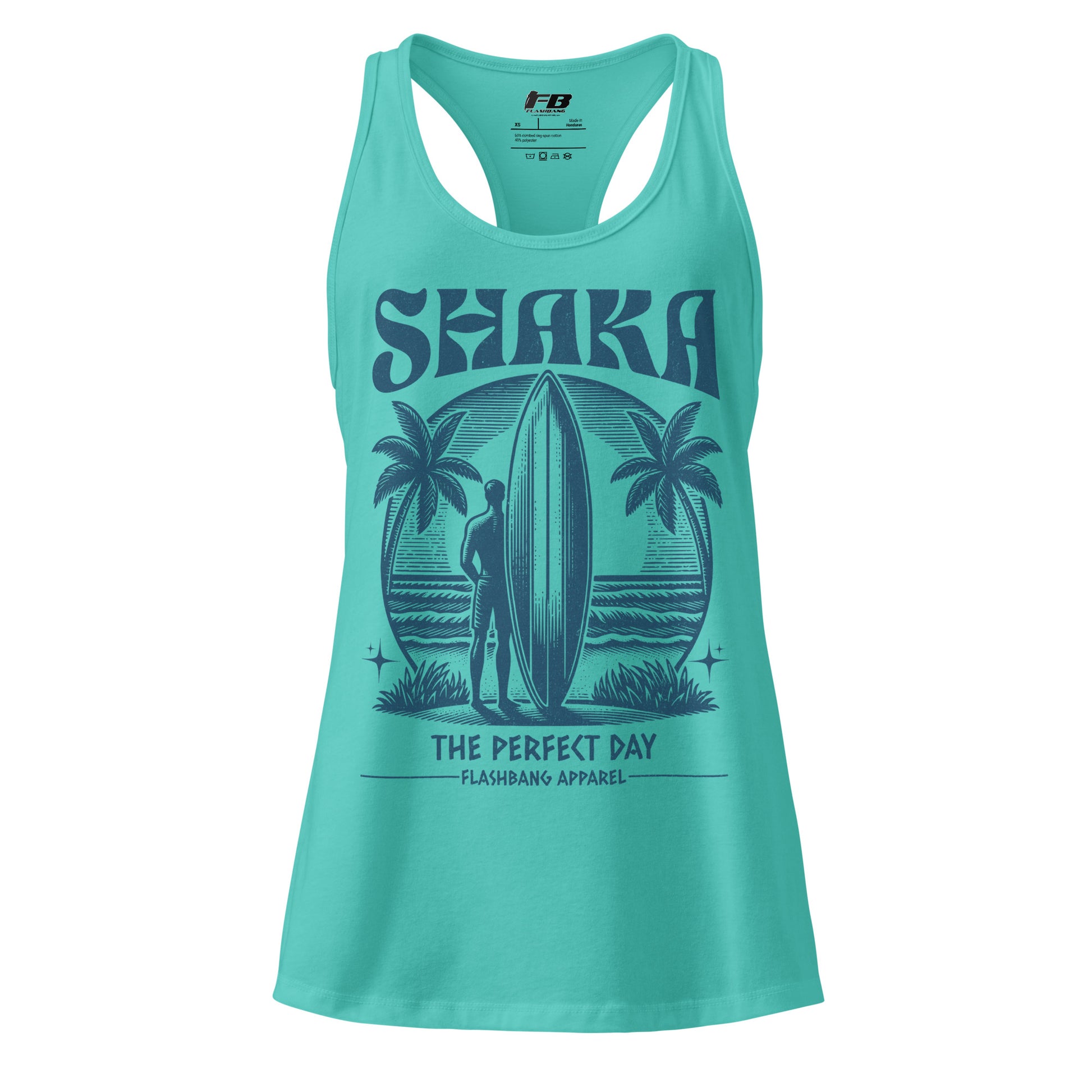 Turquoise tank top with a graphic design and text on a white background