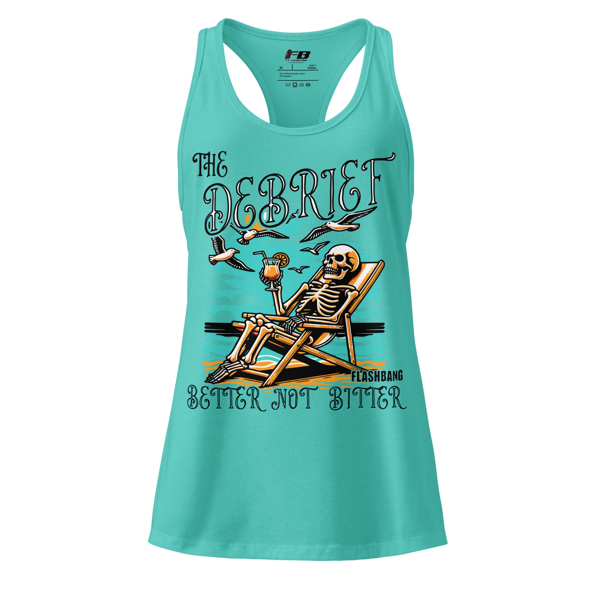 Turquoise tank top with skeleton design and text on a white background