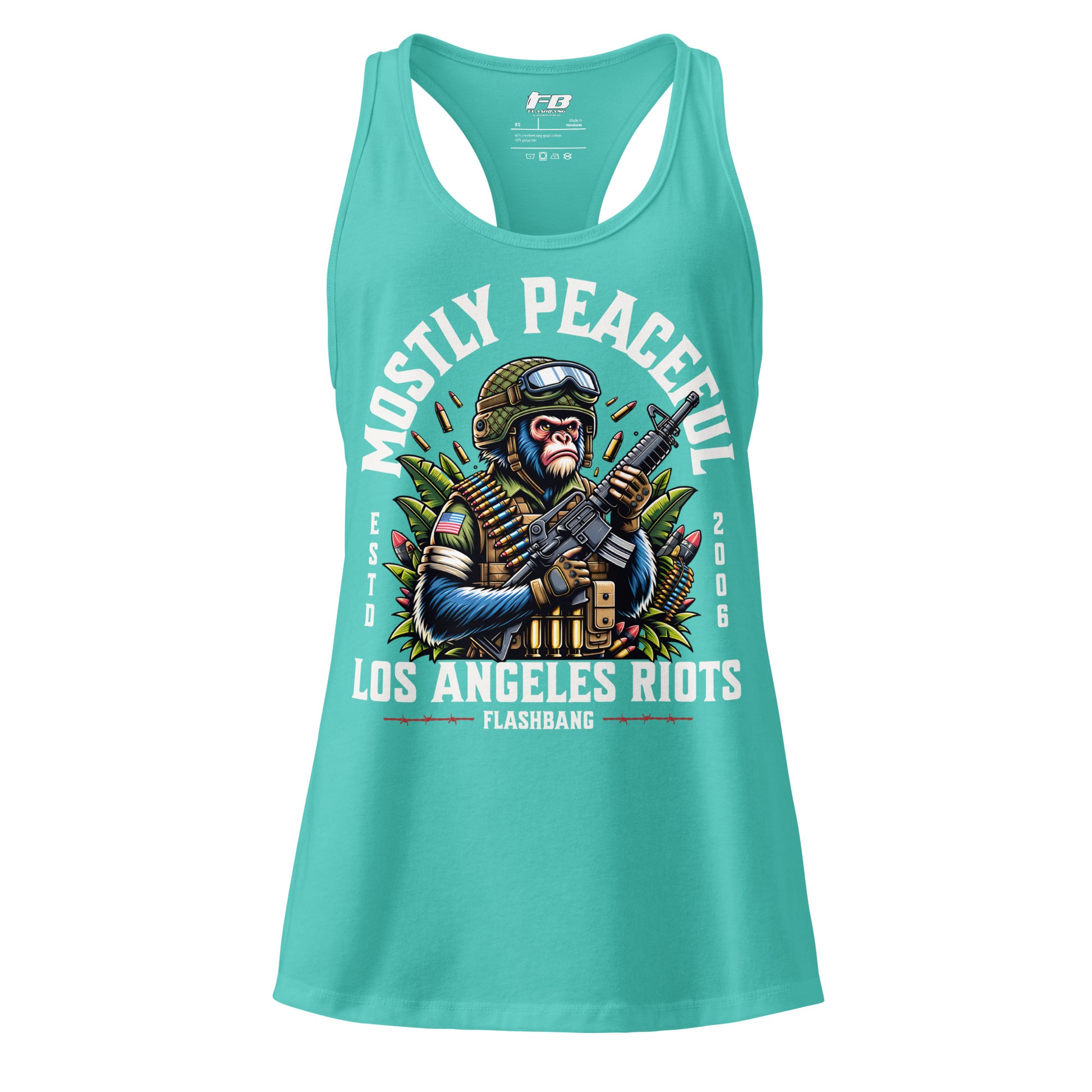 Turquoise tank top with graphic design and text on a white background