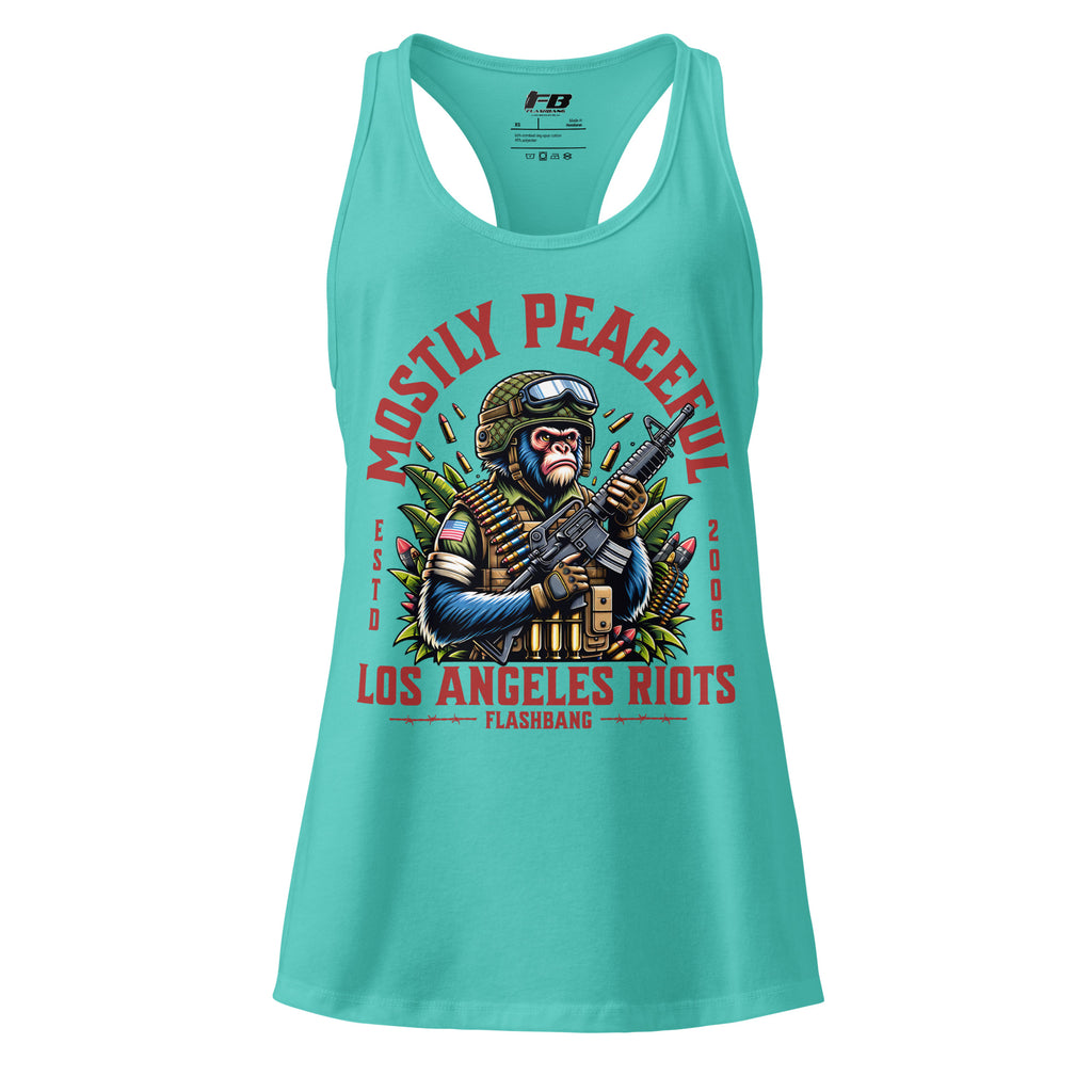 Turquoise tank top with graphic design and text on a white background