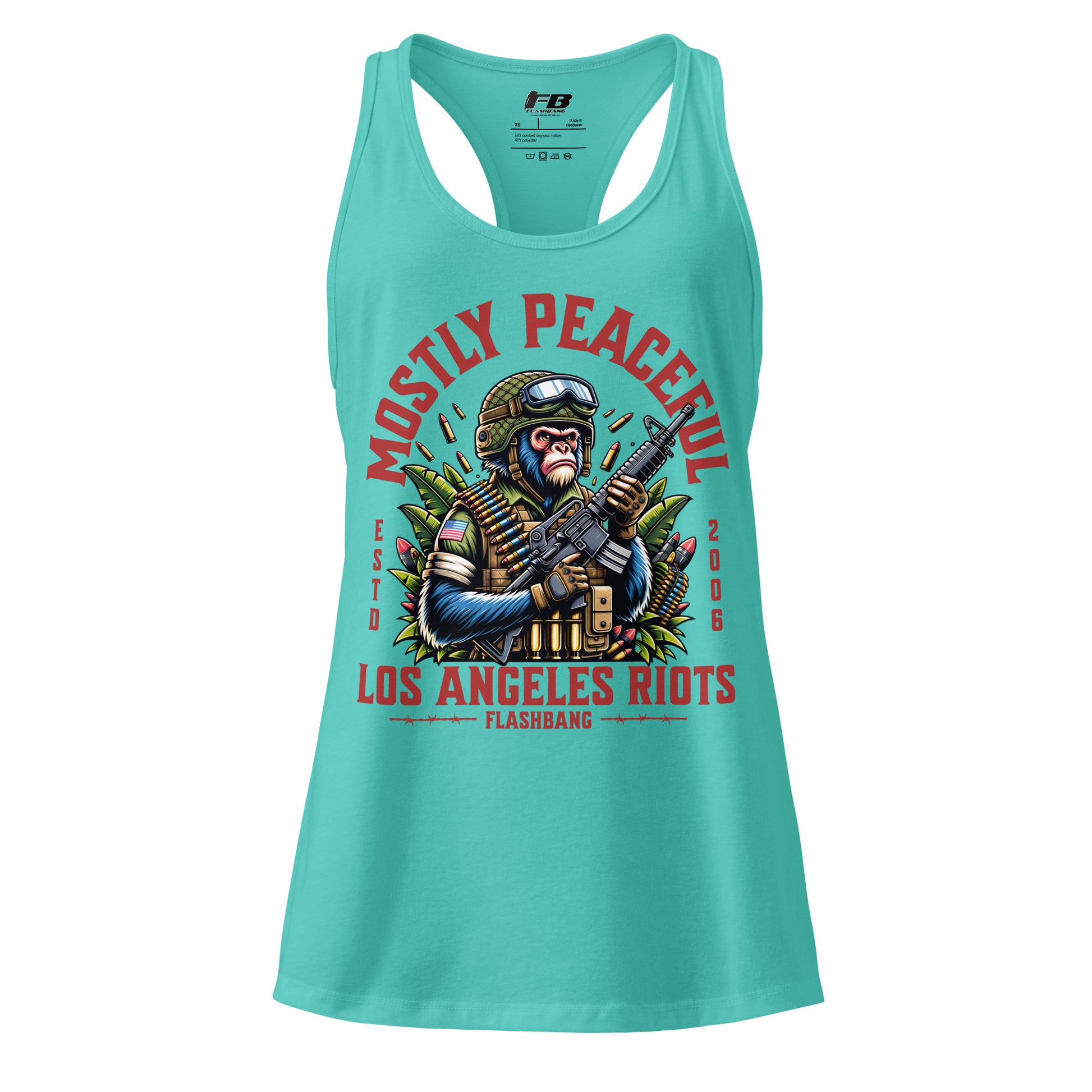 Turquoise tank top with graphic design and text on a white background