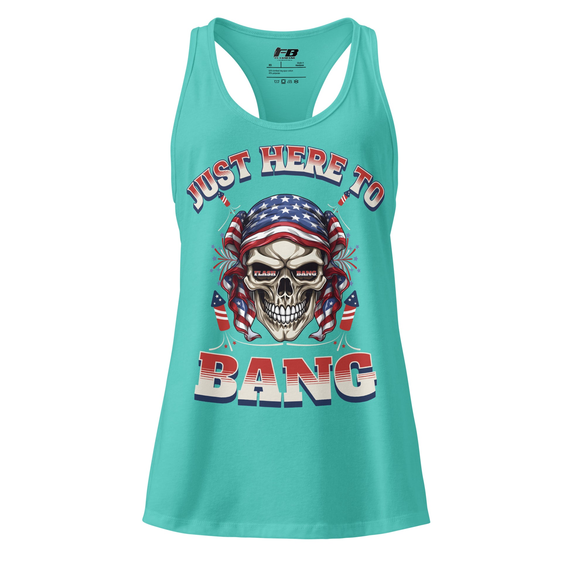 Turquoise tank top with skull design and text on a white background