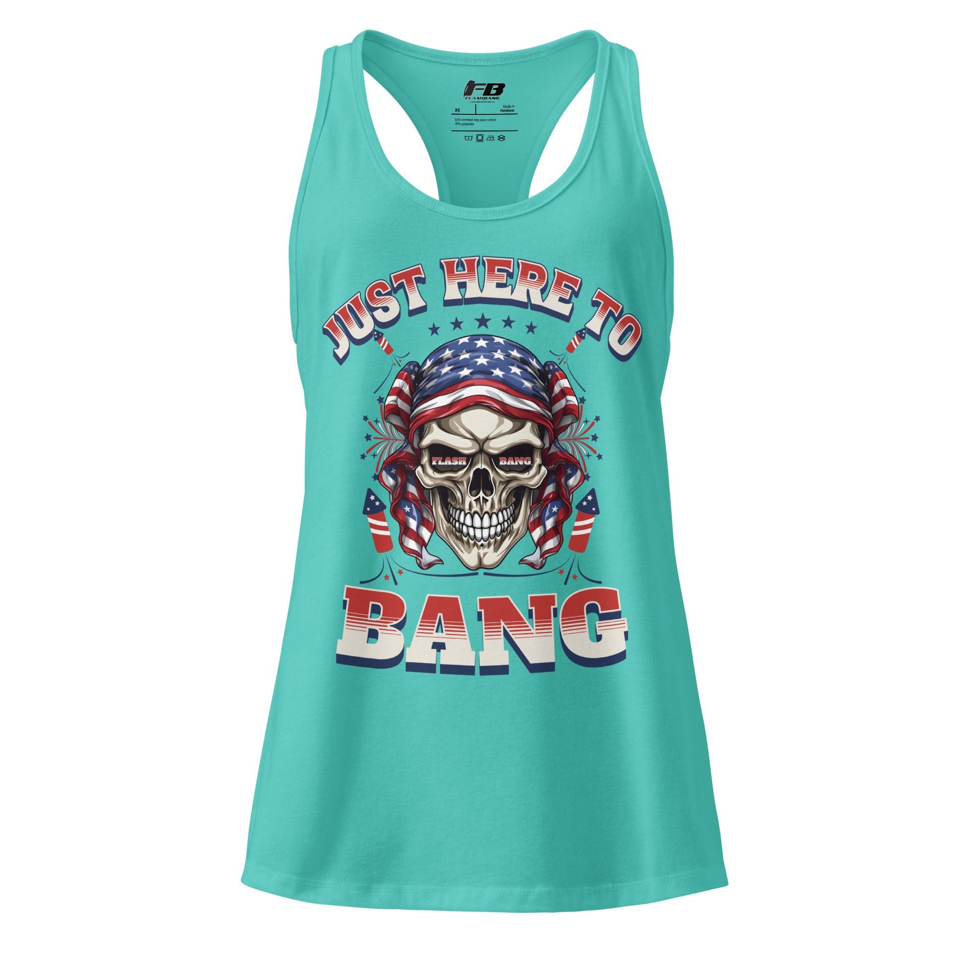 Turquoise tank top with skull graphic and text on a white background