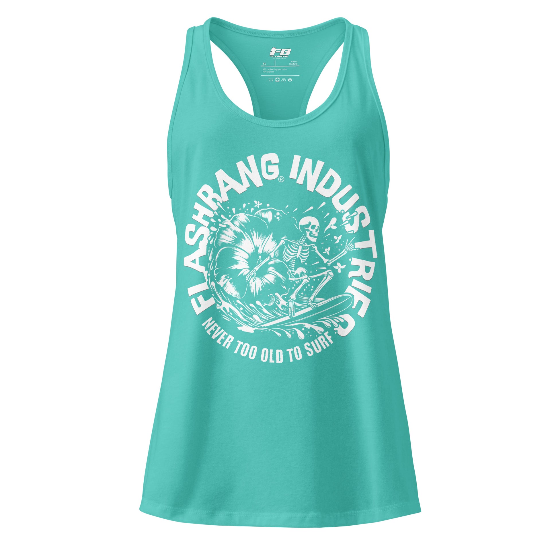 Turquoise tank top with white graphic and text on a white background